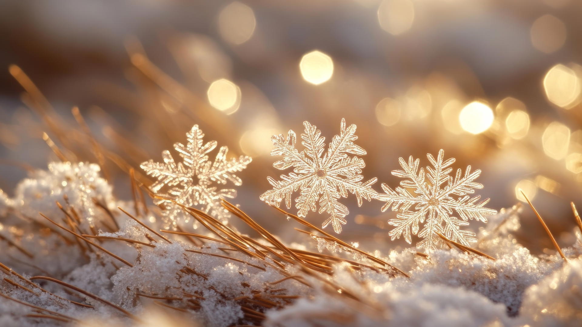 Delicate snowflakes on pine needles in sunlight, winter wallpaper aesthetic