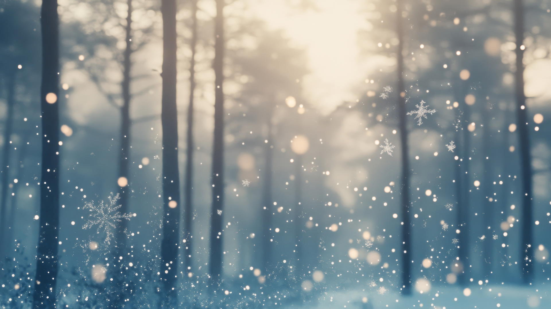 Winter wallpaper aesthetic of a snowy, soft-focus forest with falling snowflakes