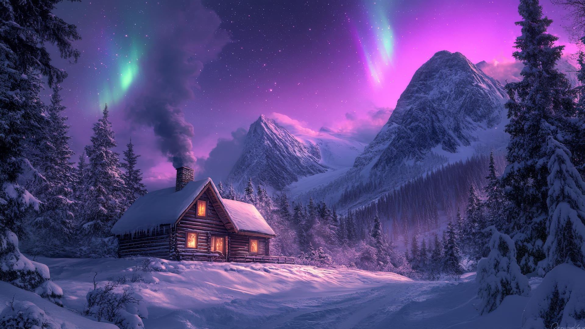 winter background wallpaper with snowy mountain cabin, smoke from chimney, pine trees, and northern lights