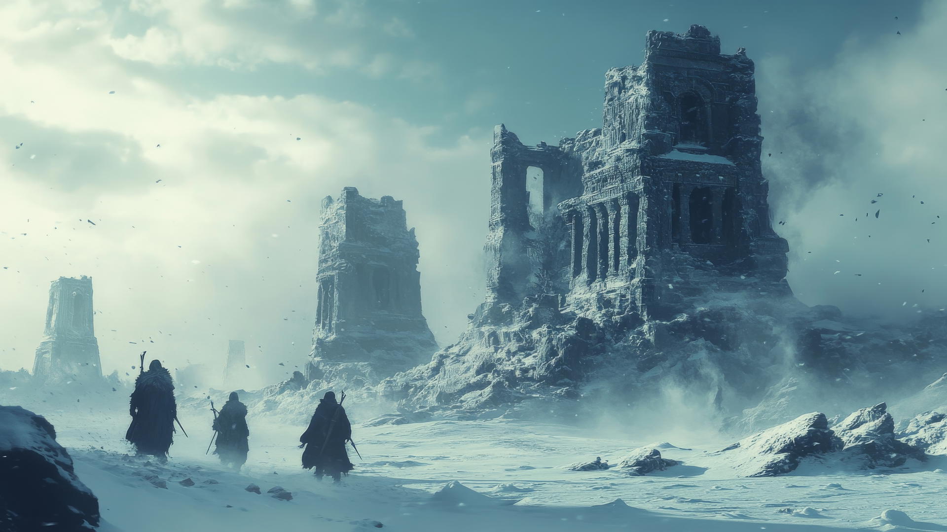 winter background wallpaper with warriors in fur amid snow-covered ancient ruins