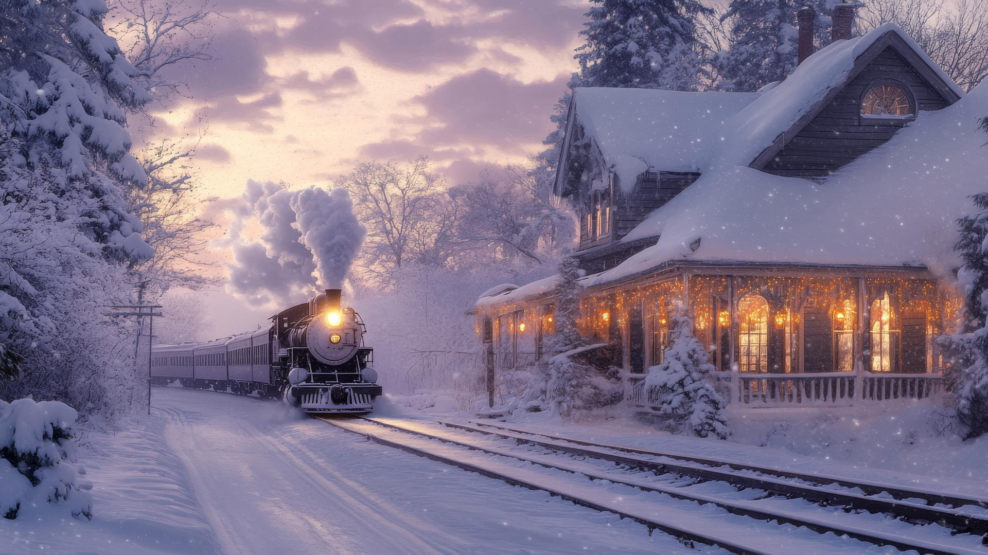 winter background wallpaper showing a quiet, snow-covered train station at dusk with a vintage steam train arriving