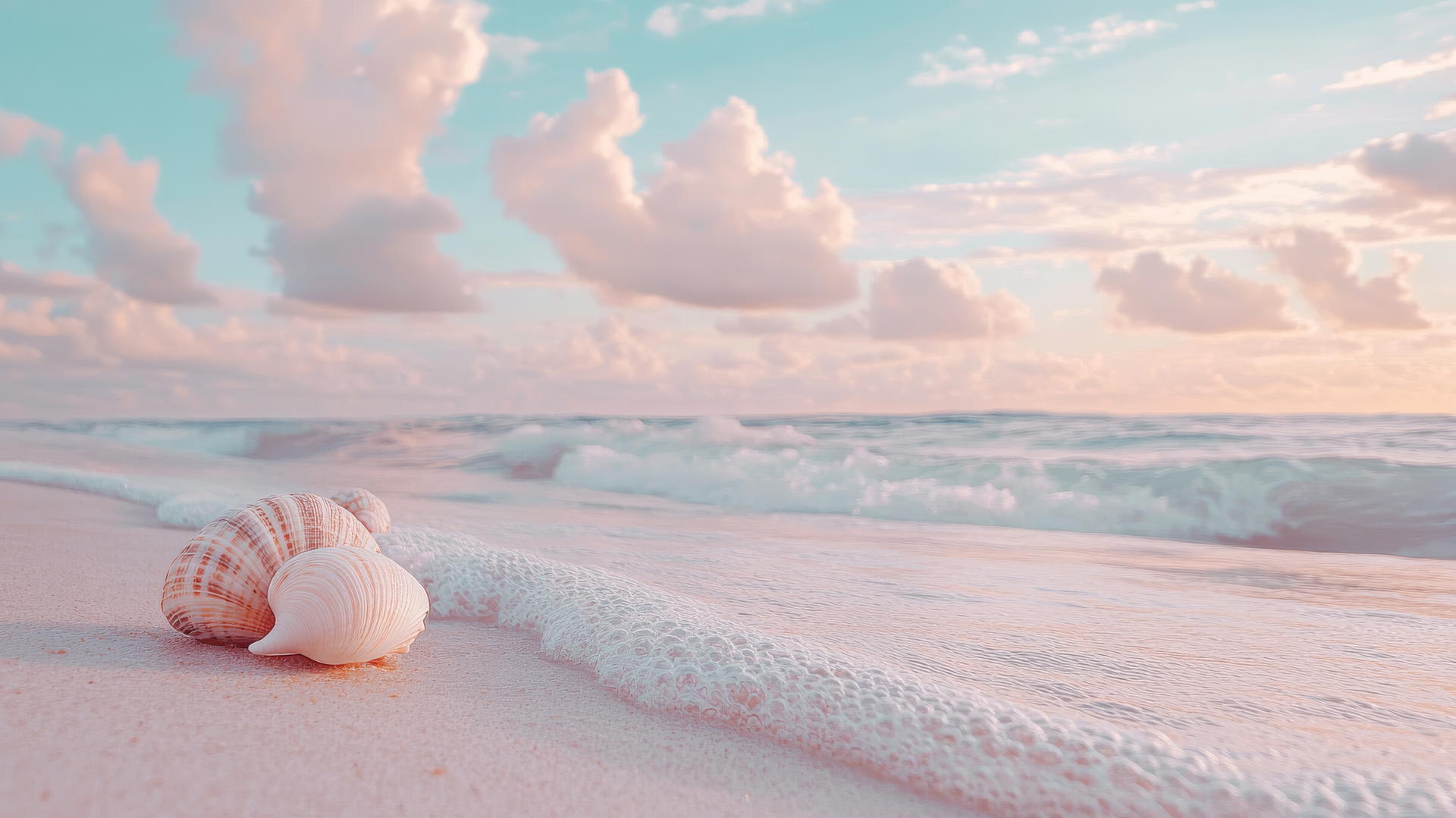 Aesthetic beach wallpaper with pastel skies, seashells, and gentle waves.