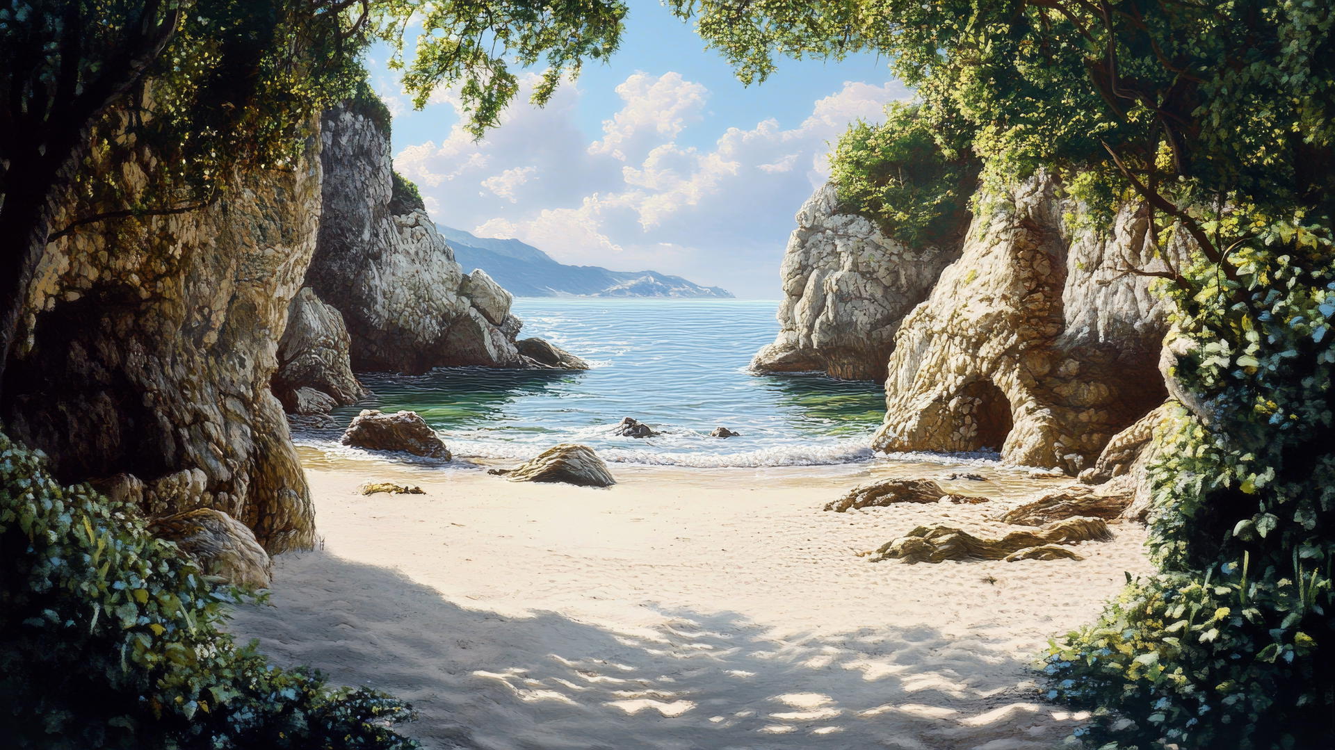 beach background wallpaper with quiet cove, soft sand, rugged rocks, and gentle waves
