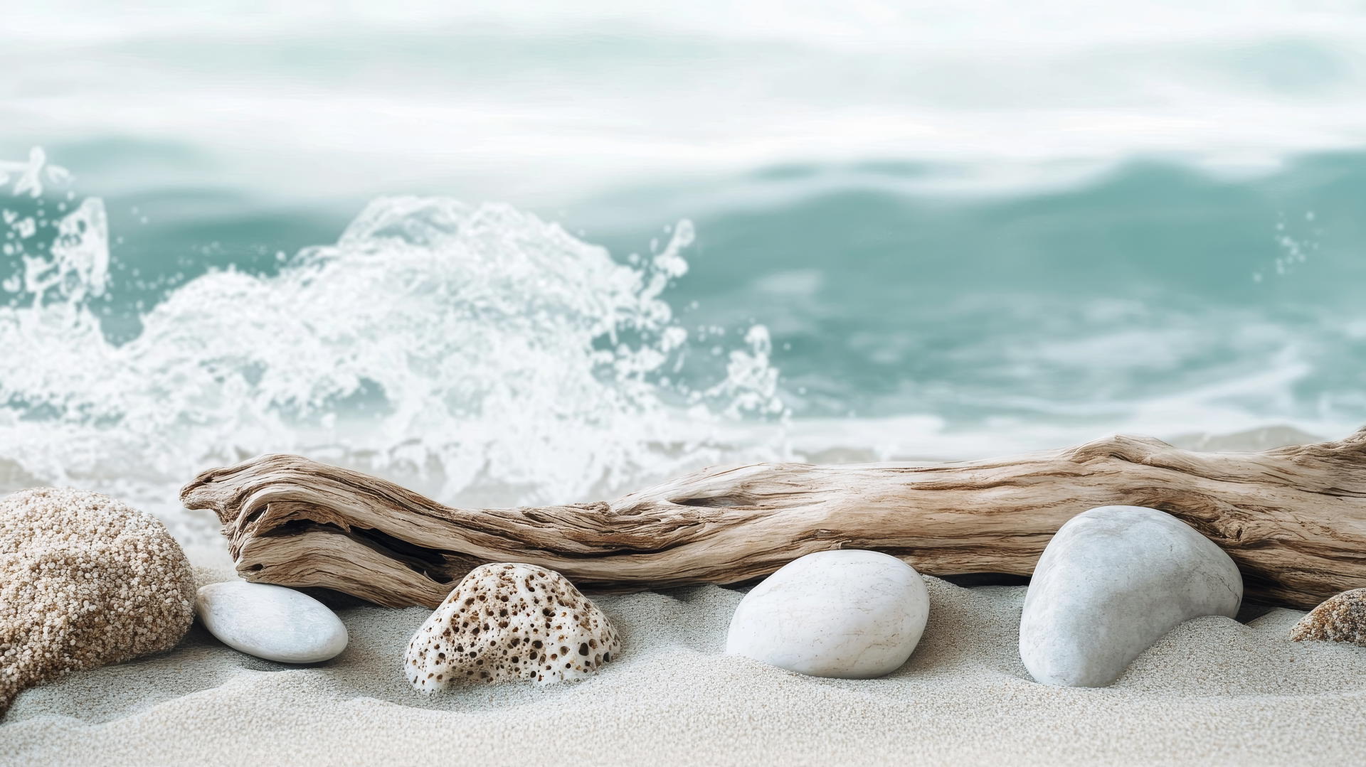 boho beach wallpaper aesthetic with driftwood, stones, seafoam