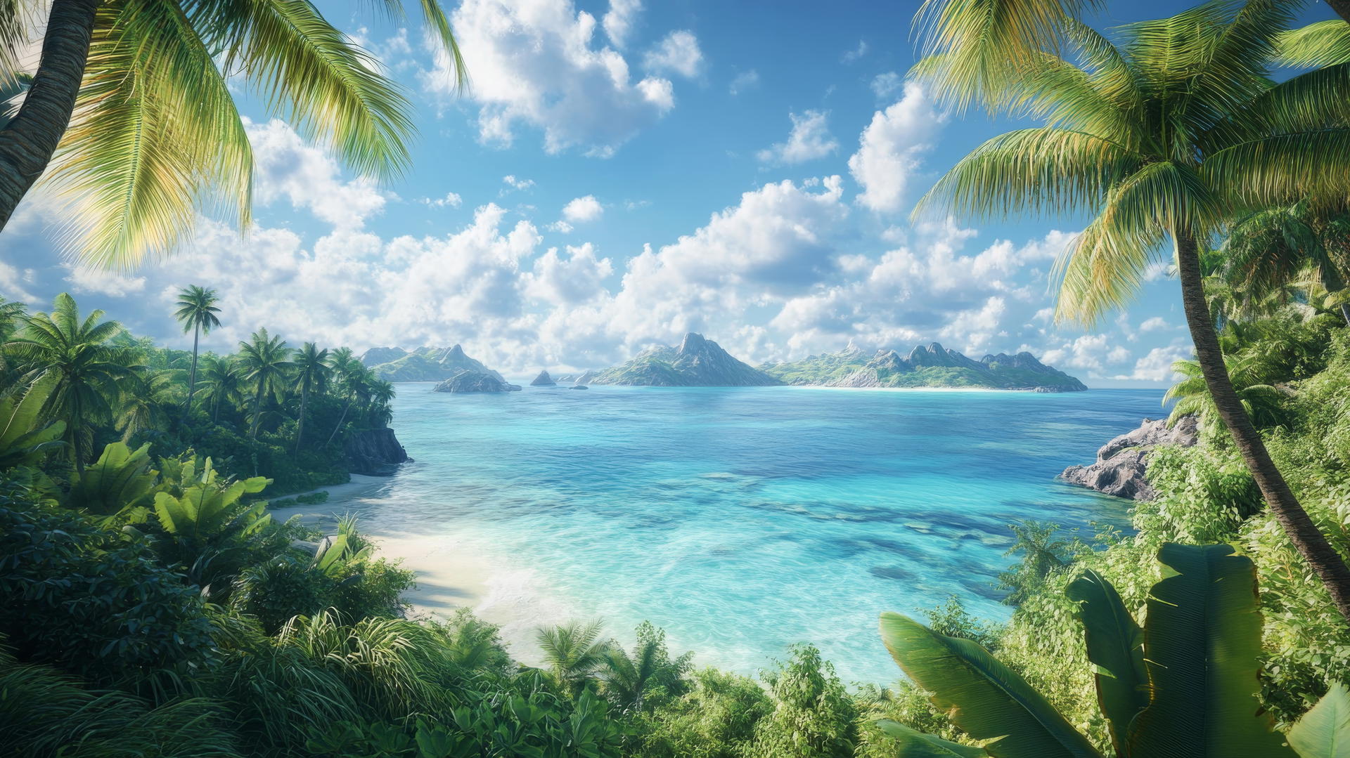 4K beach wallpaper with tropical paradise, lush greenery, palm trees, and crystal-clear ocean