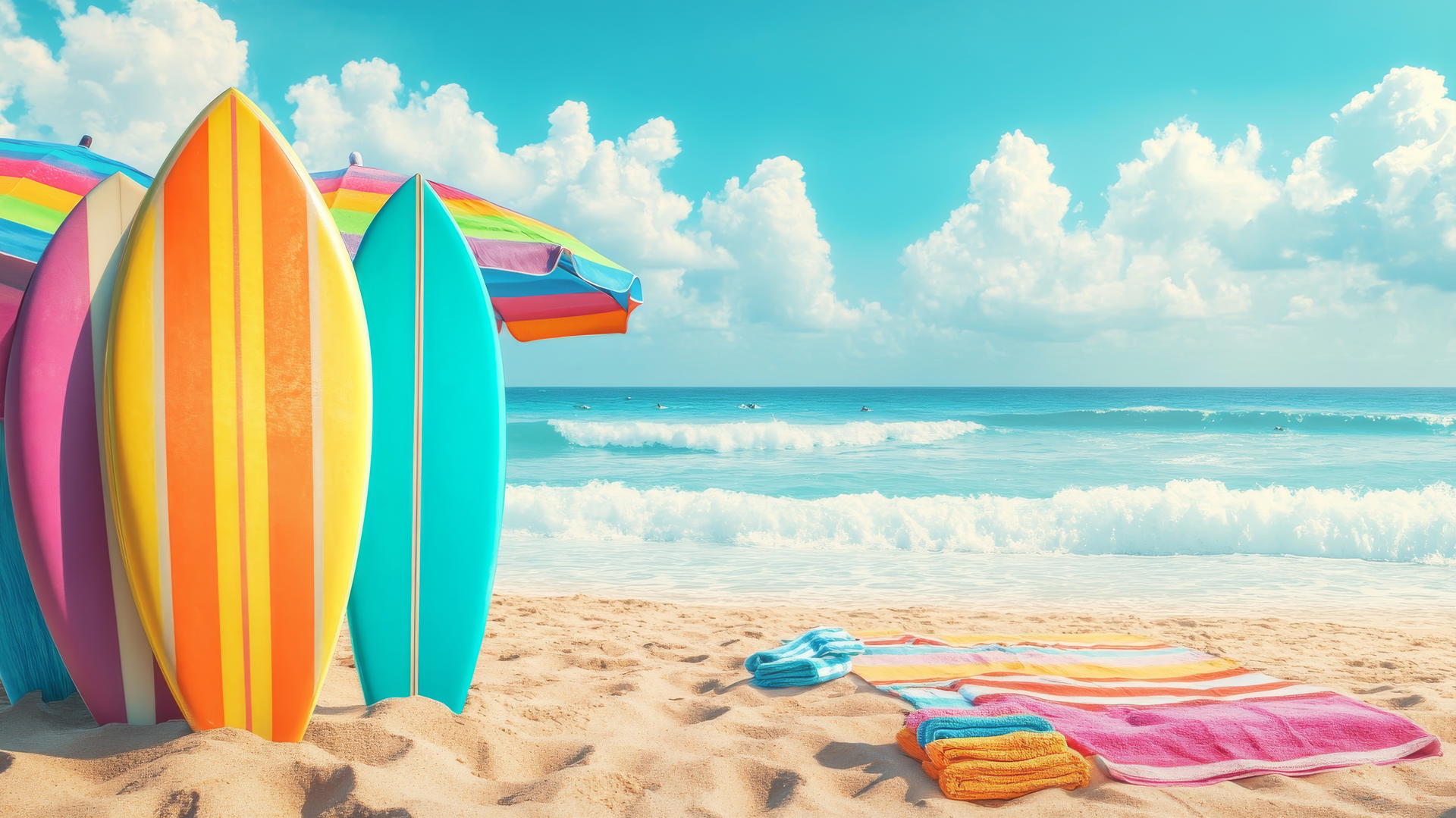 beach theme wallpaper with colorful surfboards, towels, and umbrellas