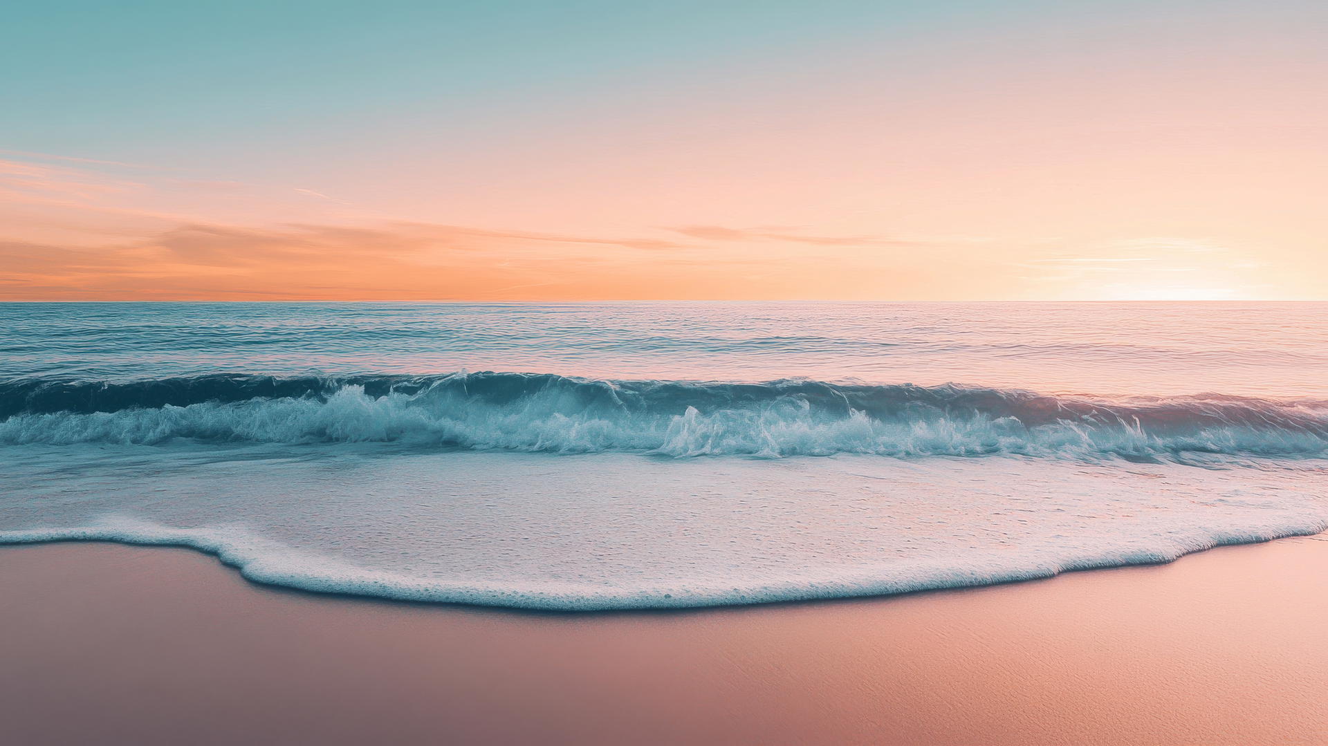 a minimalist beach aesthetic wallpaper with smooth sand, gentle waves, and soft lighting at sunset
