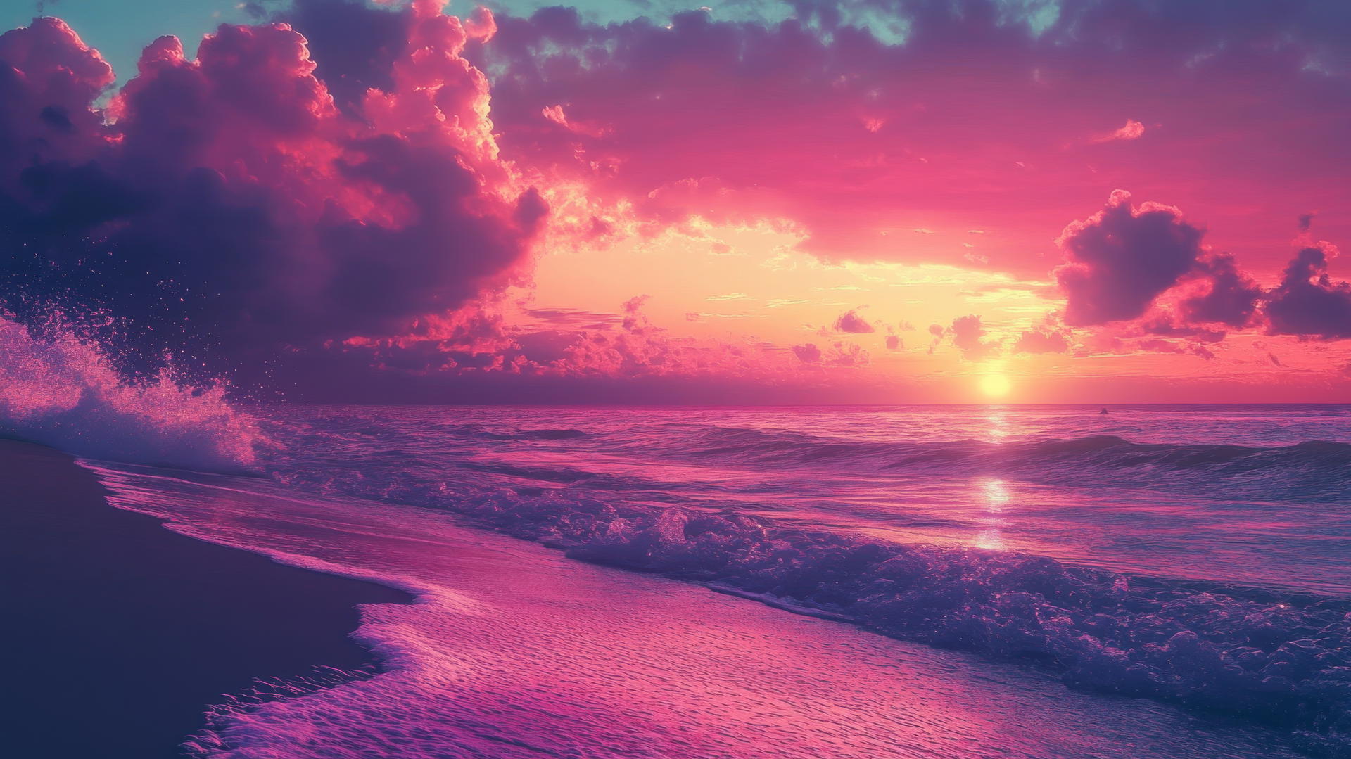 Aesthetic beach wallpaper at sunset with glowing pink and purple sky