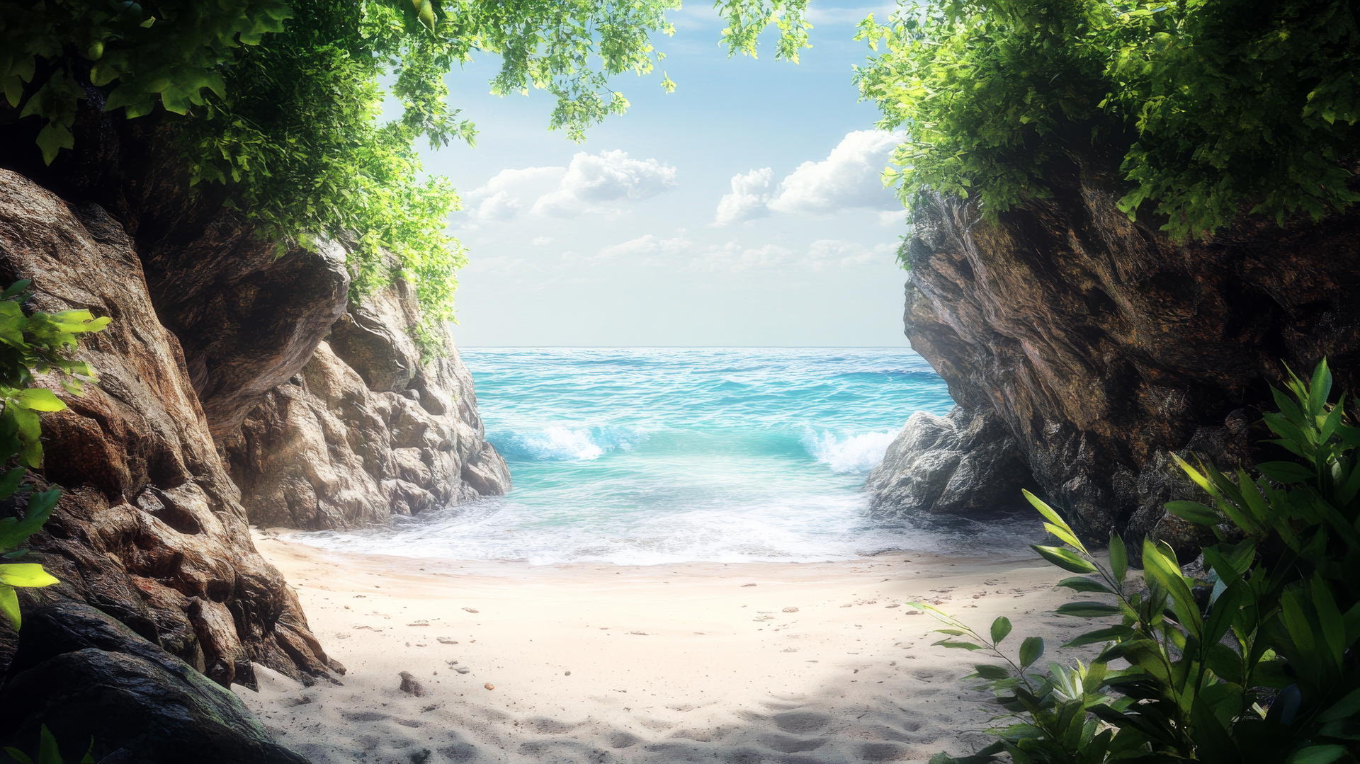 beach background wallpaper with a hidden cove, soft sand, rugged rocks, gentle waves, cliffs, and wild greenery