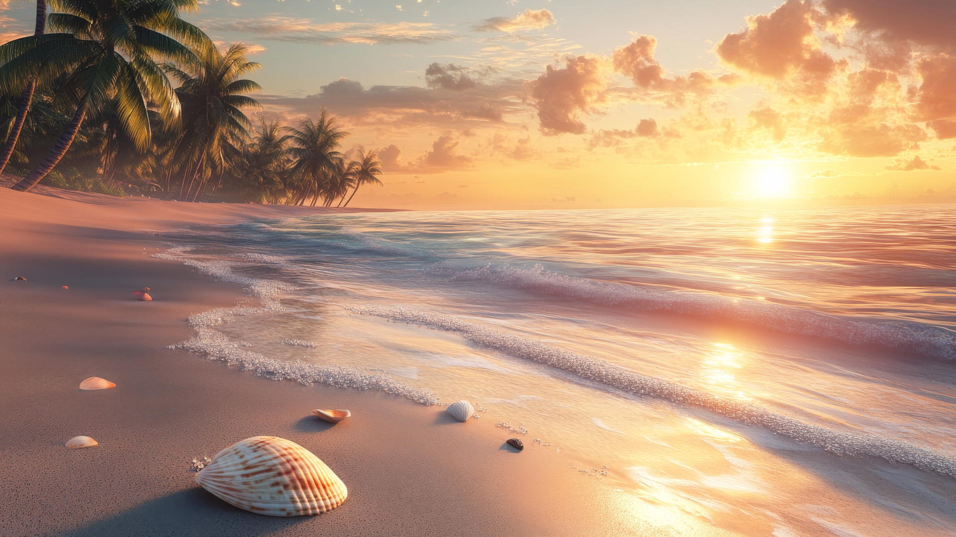 tropical beach wallpaper at sunrise with soft golden light, palm trees, and seashells