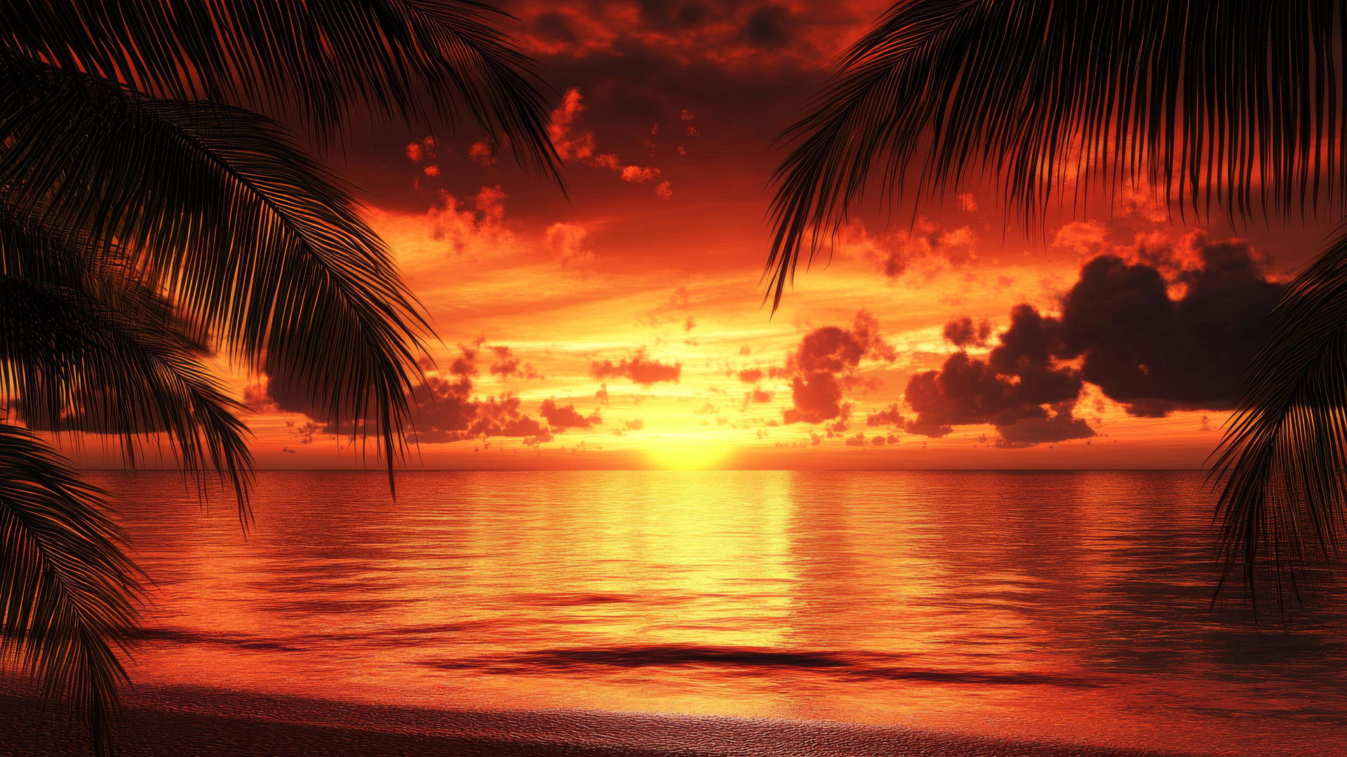 tropical beach wallpaper at sunset with fiery orange skies and palm trees