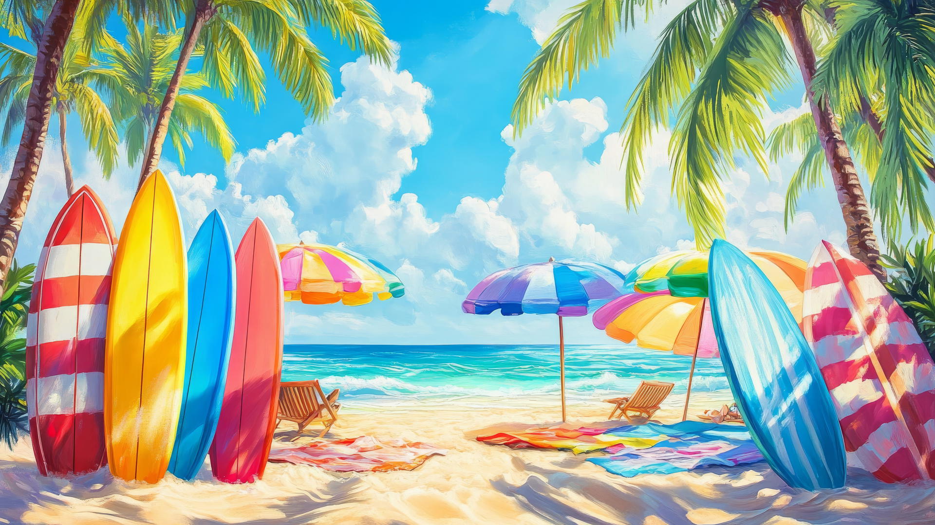 beach themed wallpaper with bright towels, colorful umbrellas, and surfboards by palm trees