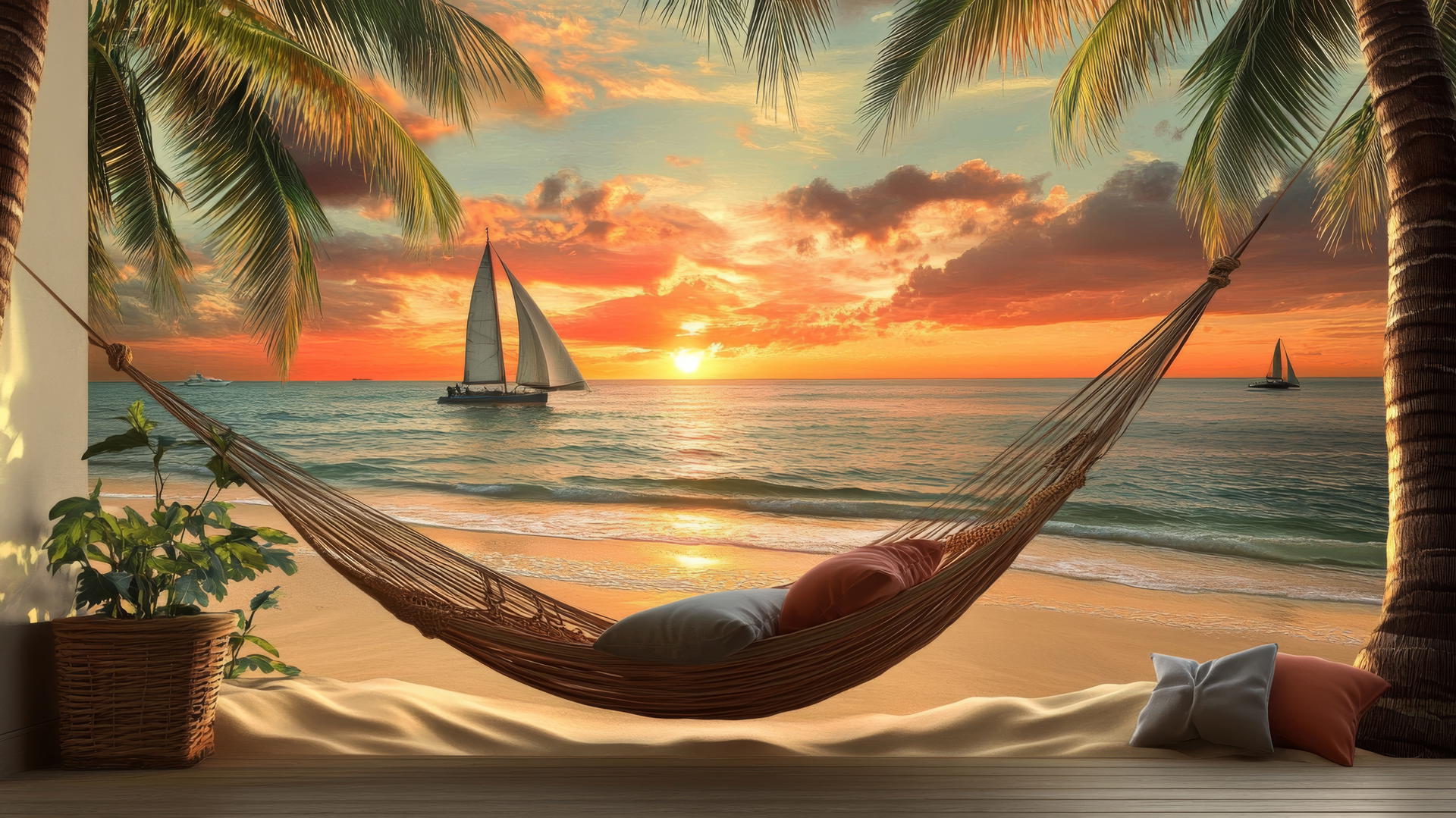 A cozy beach theme wallpaper featuring soft sand, a hammock between two palm trees, and sailboats under a sunset glow