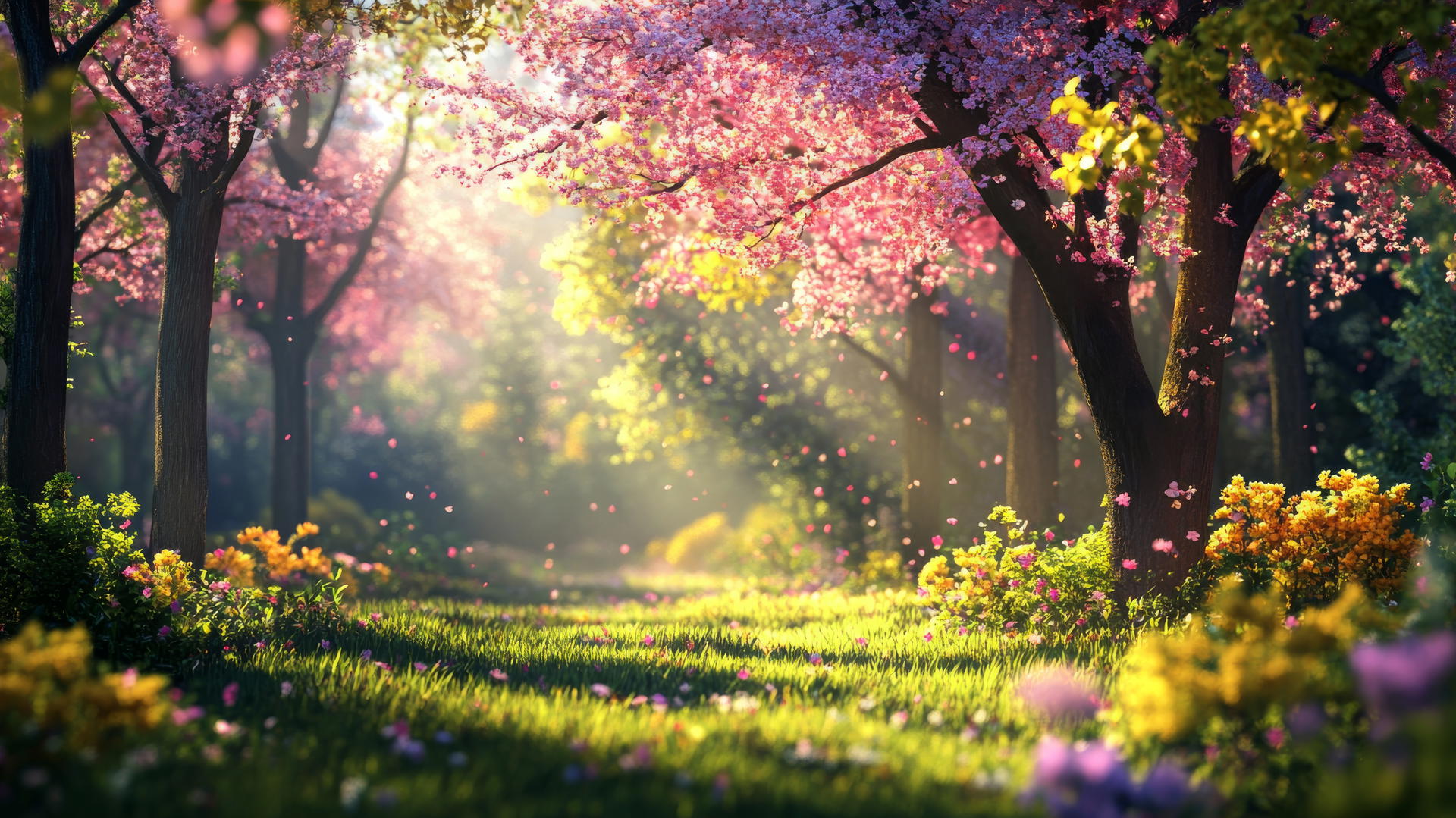 spring wallpaper with colorful blossoming trees and soft sunlight