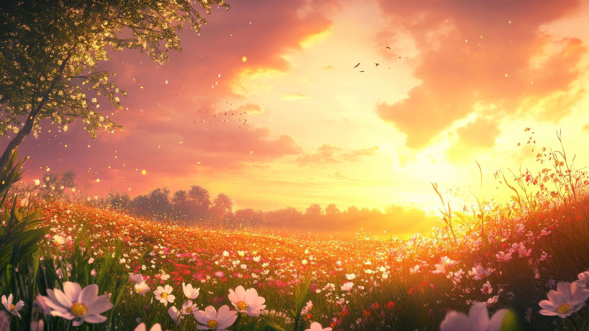 spring wallpaper with sunset over a flower-filled meadow