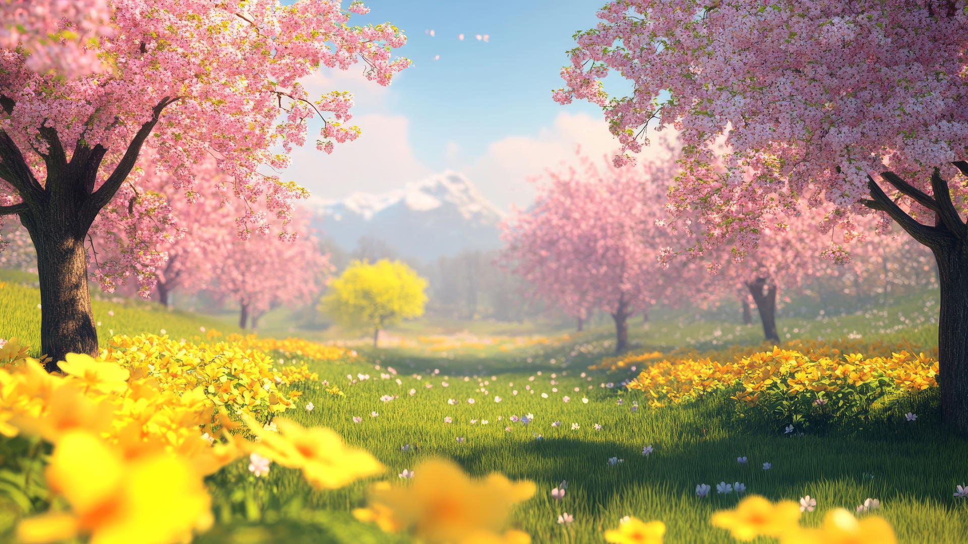 spring background wallpaper with sunny meadow and blossoming trees