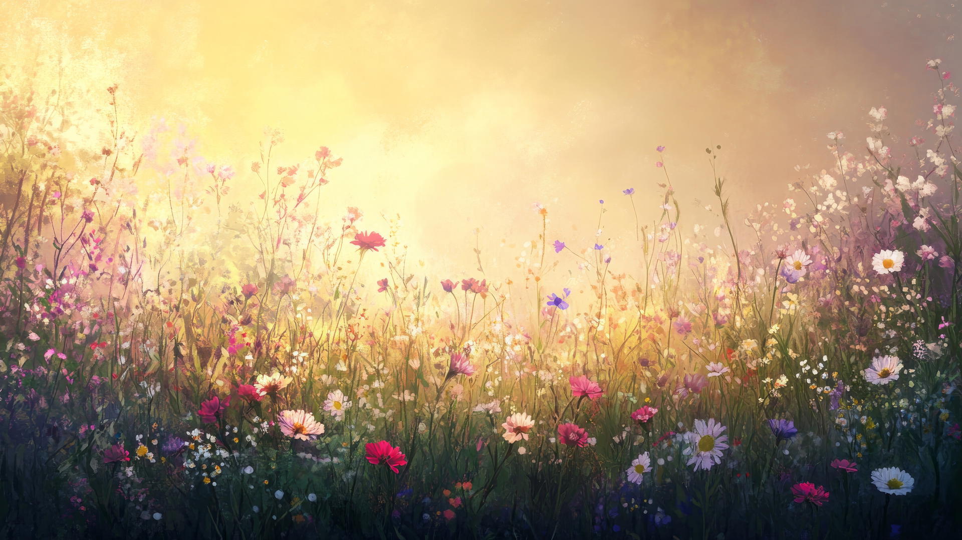 spring background wallpaper with meadow at dawn and blooming wildflowers