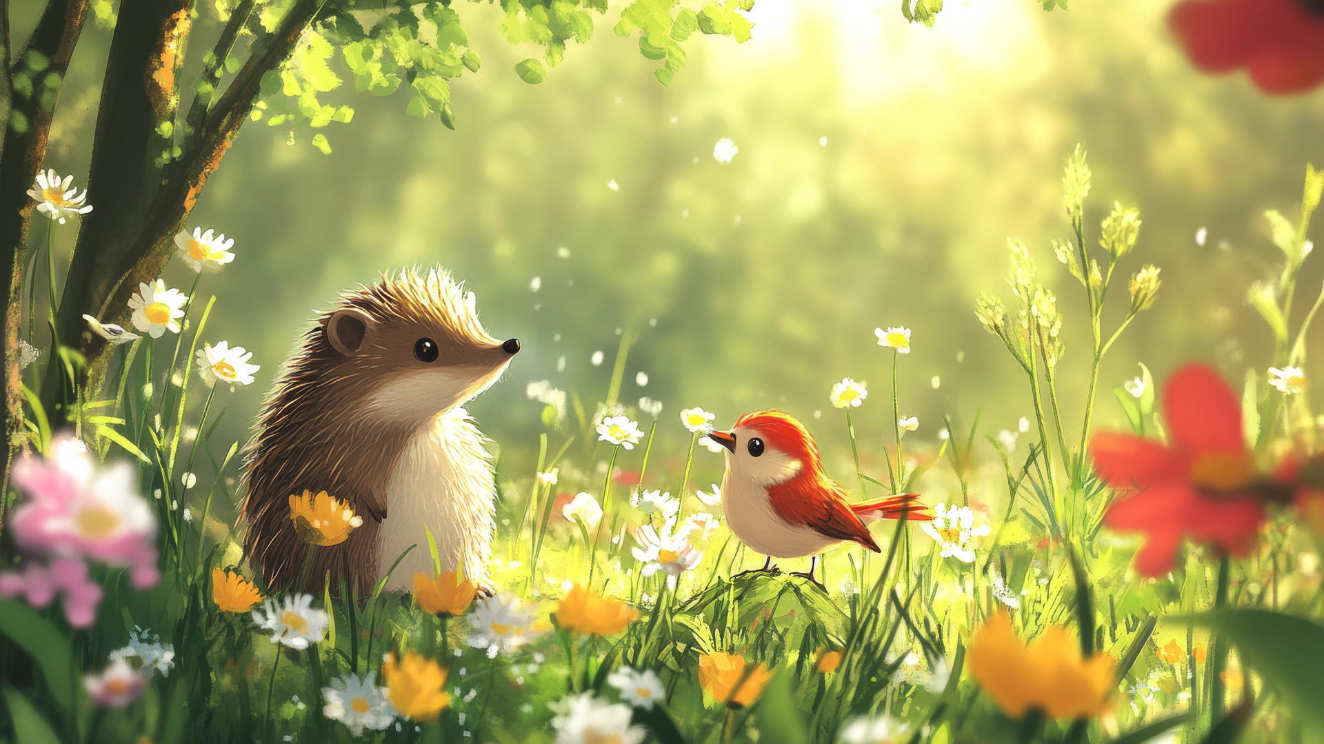 cute spring wallpaper with cartoon hedgehogs and birds in a flower-filled meadow