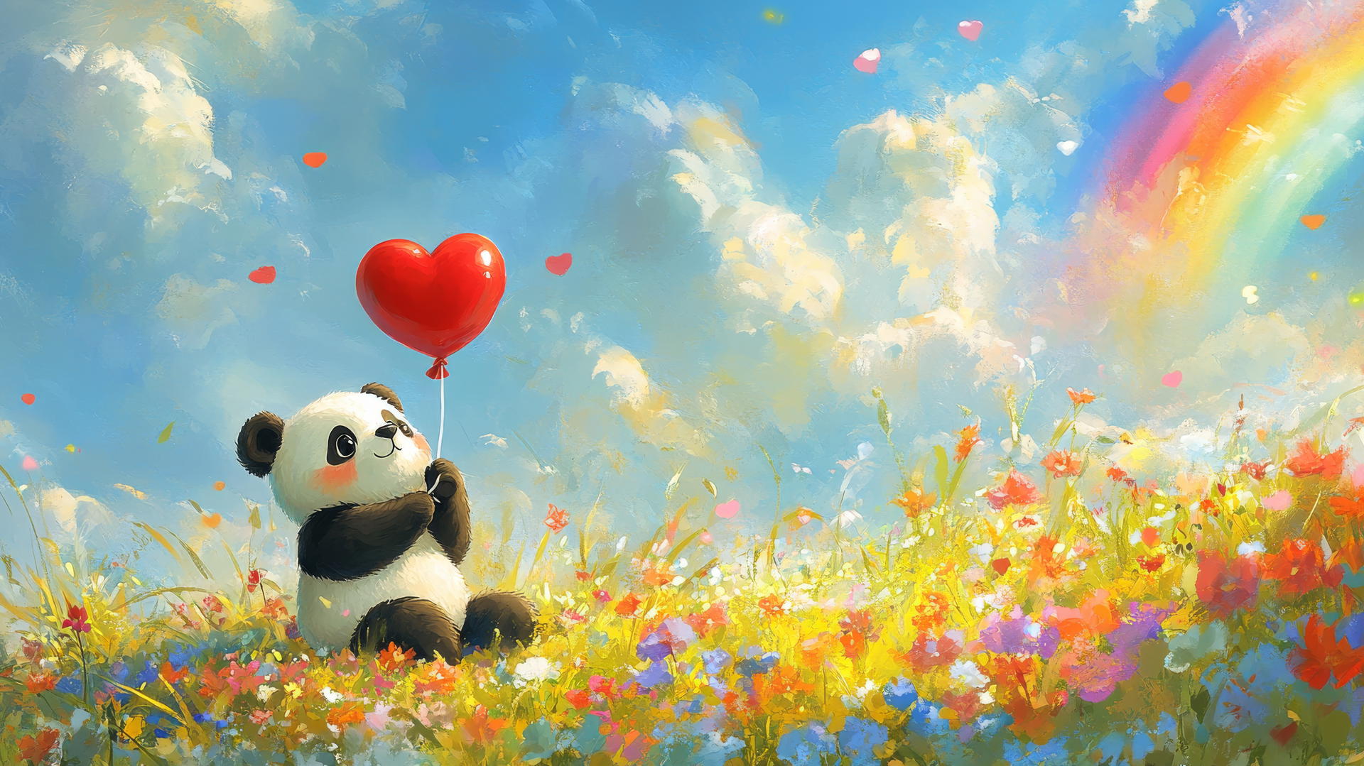 Cute spring wallpaper with chubby panda and heart-shaped balloon in flower field under rainbow