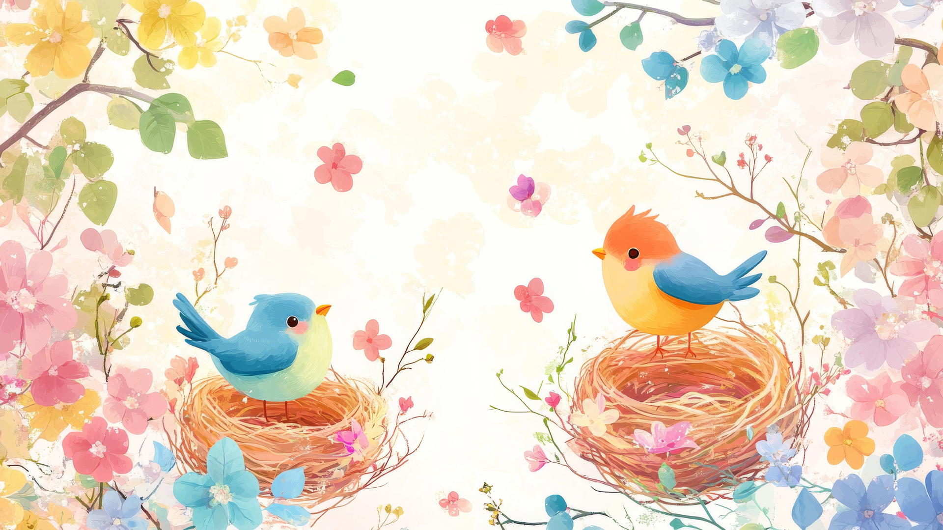 cute spring wallpaper with tiny birds, colorful nests, and blossoming flowers