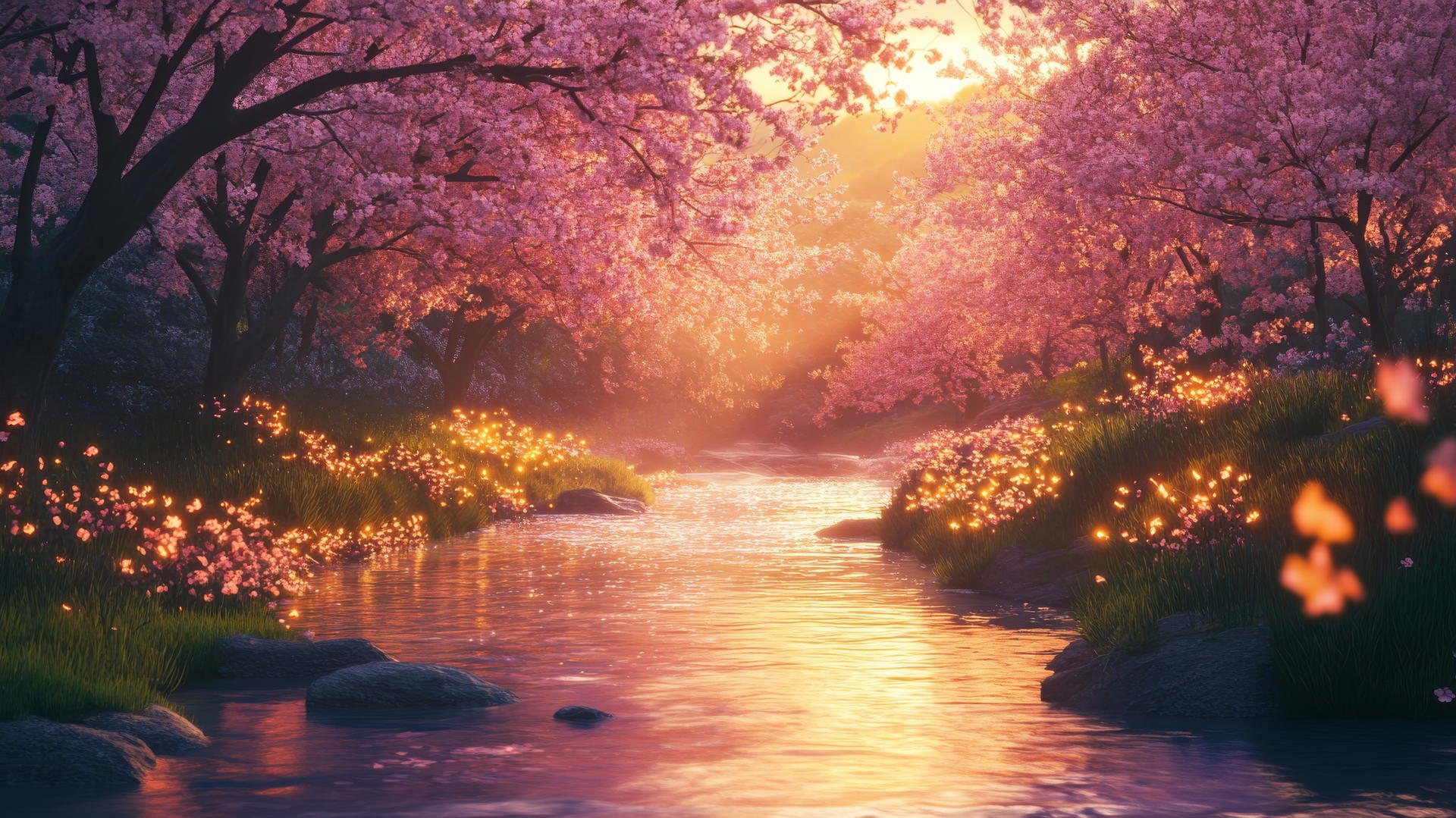 spring aesthetic wallpaper with blooming cherry blossoms, flowing streams, and golden light