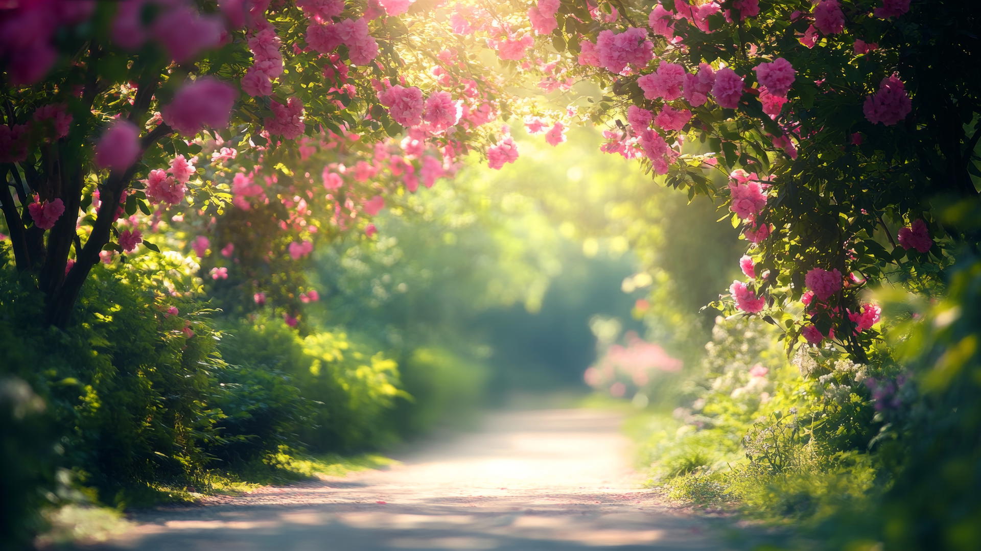 spring aesthetic wallpaper with blooming flowers and lush greenery