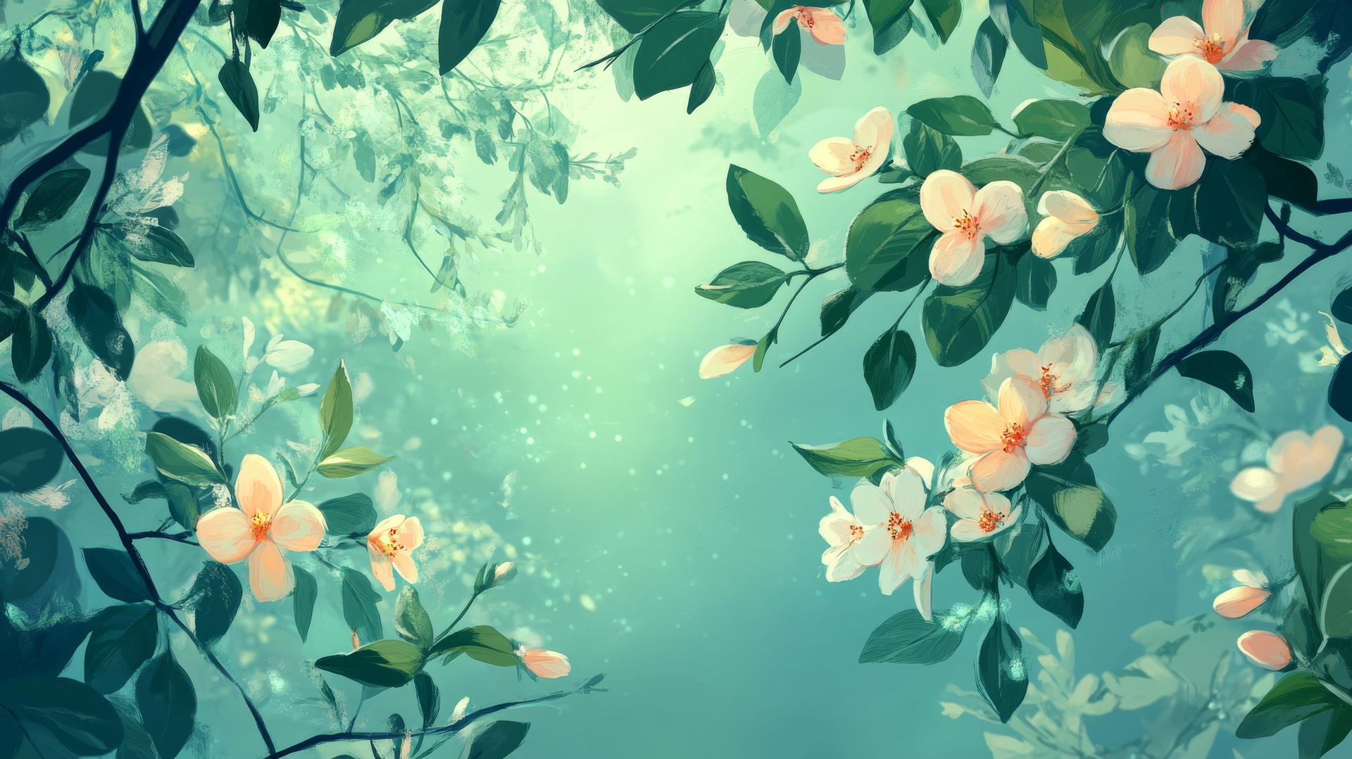 spring aesthetic wallpaper with fresh leaves, early blooms, and a soft breeze