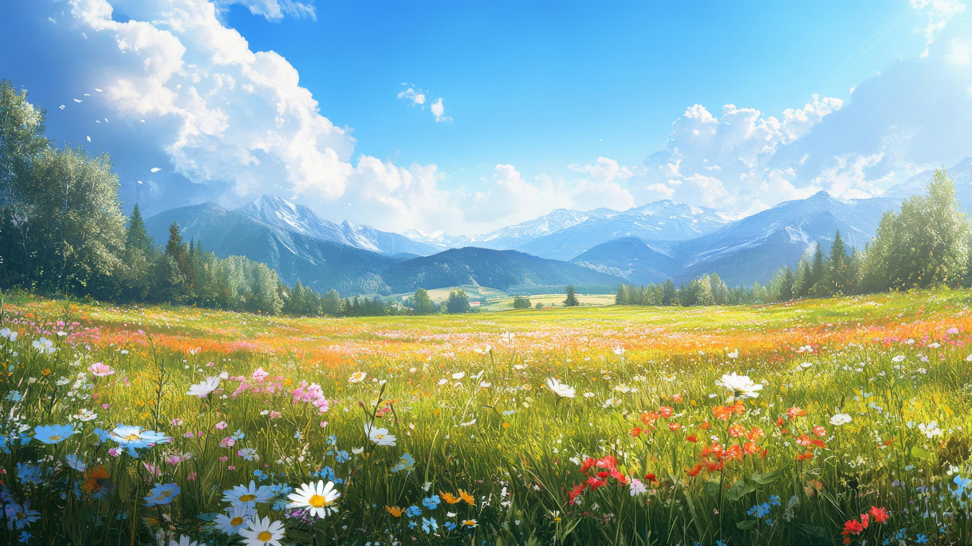 spring aesthetic wallpaper with flowers swaying in a field and mountains in the distance