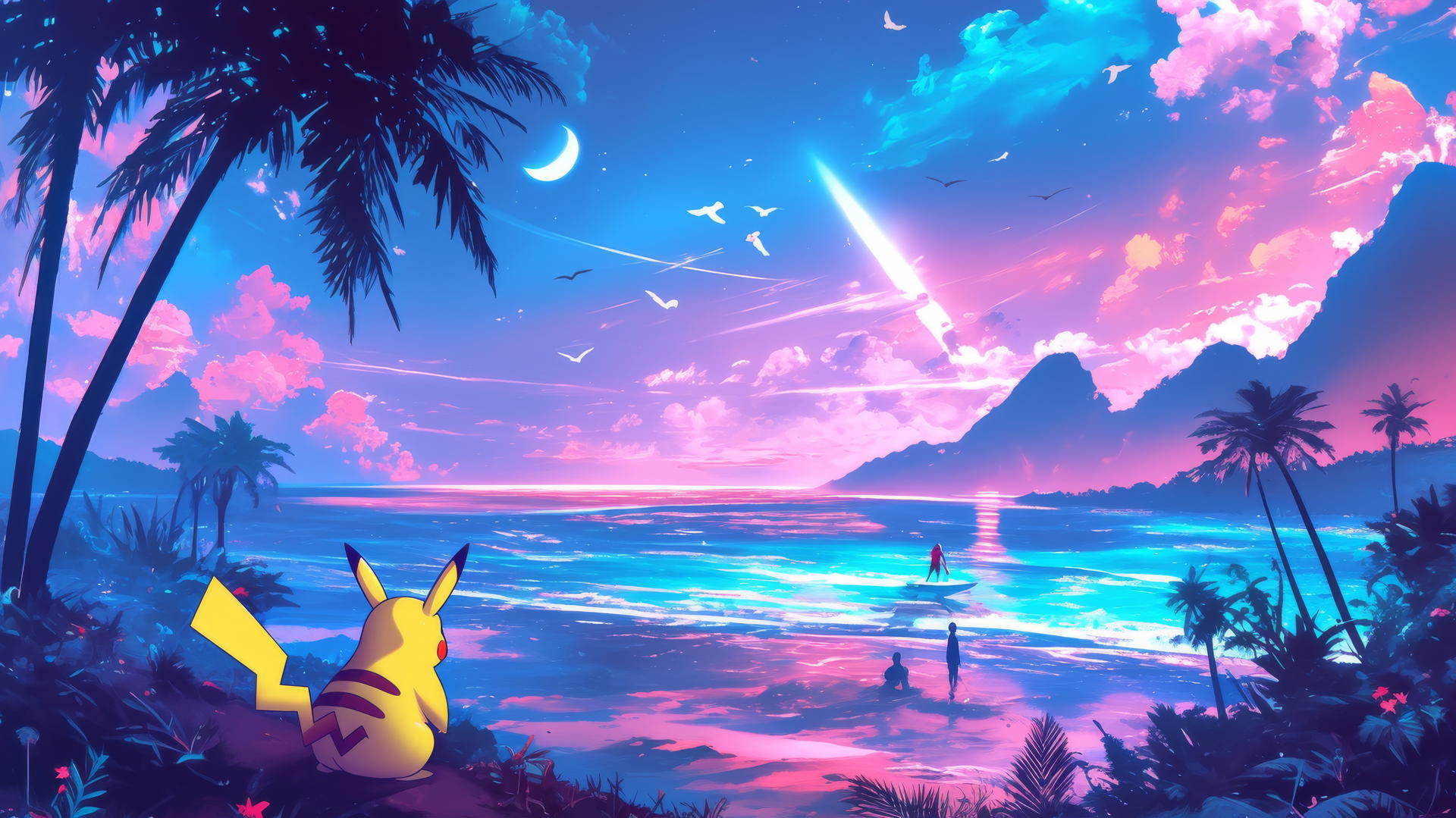 Surfing Pikachu in retro 80s-style with neon colors and grid-like ocean