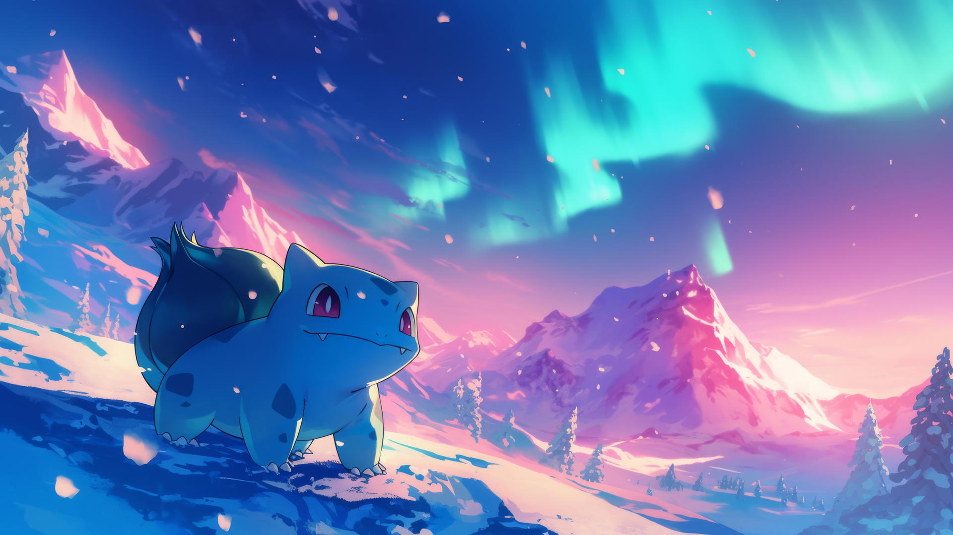 pokemon bulbasaur beneath a glowing aurora borealis with snow-covered mountains