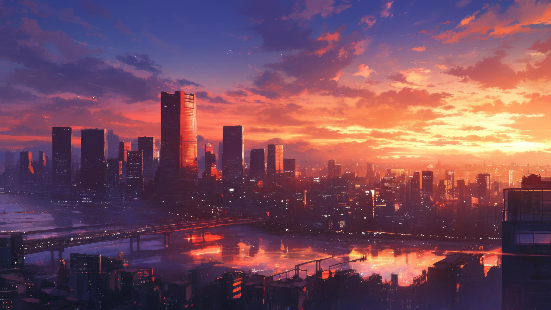 Vibrant cityscape at sunset with golden reflections, dramatic shadows, cool wallpapers 4k