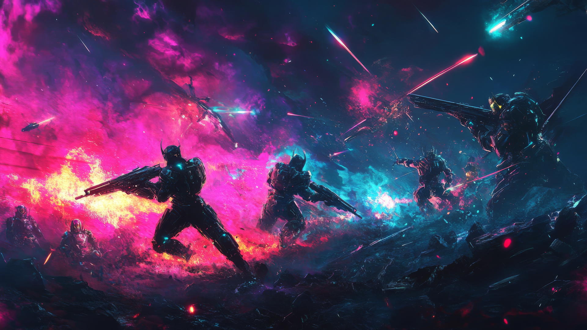 A futuristic battle scene with armored warriors in a glowing energy field, cool wallpapers for boys