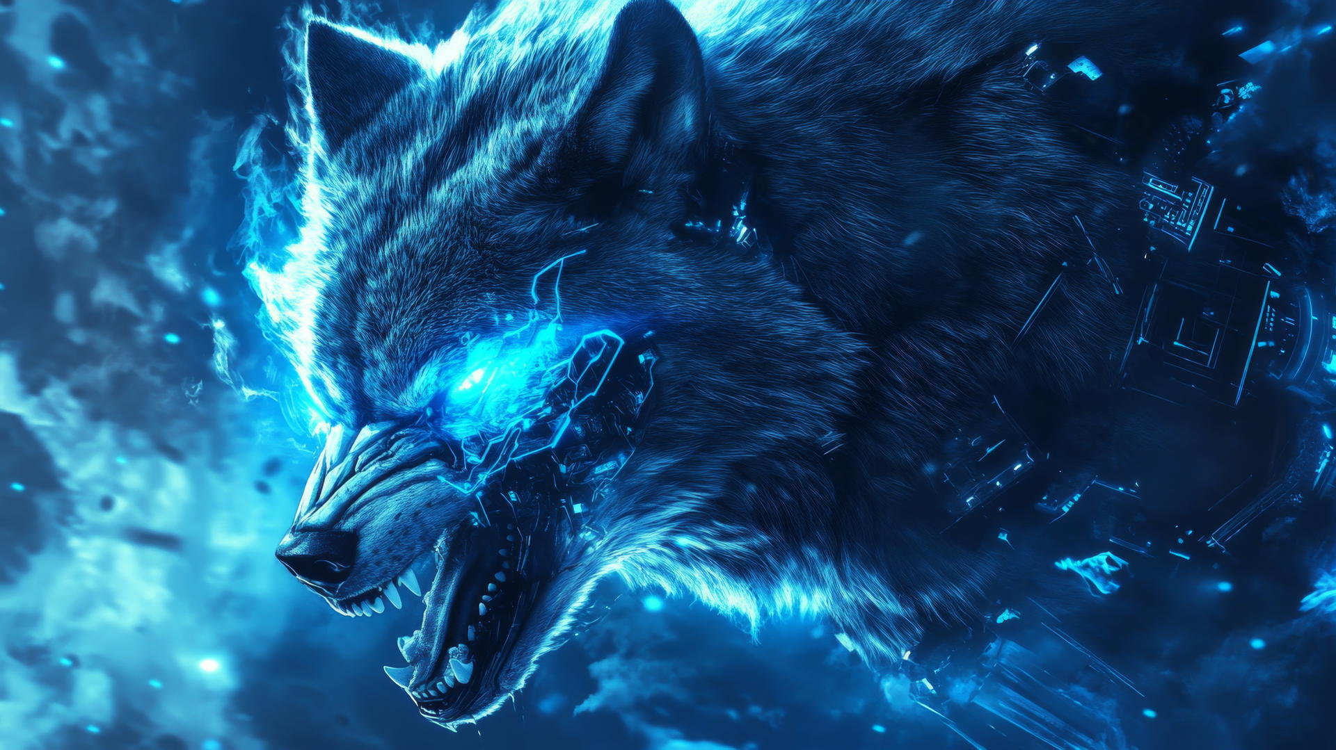 Cool wallpapers for boys featuring a roaring futuristic wolf with glowing blue eyes and cybernetic enhancements