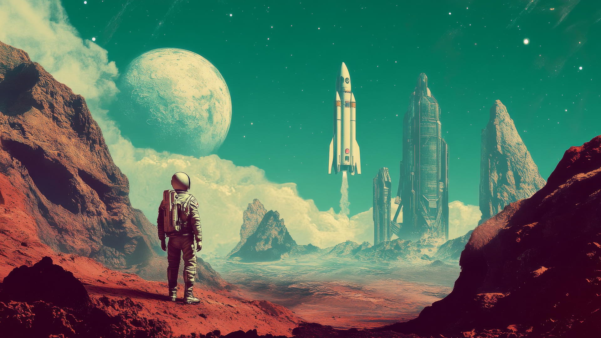 Cool wallpapers for boys: retro-futurism poster with boy in space suit on alien planet