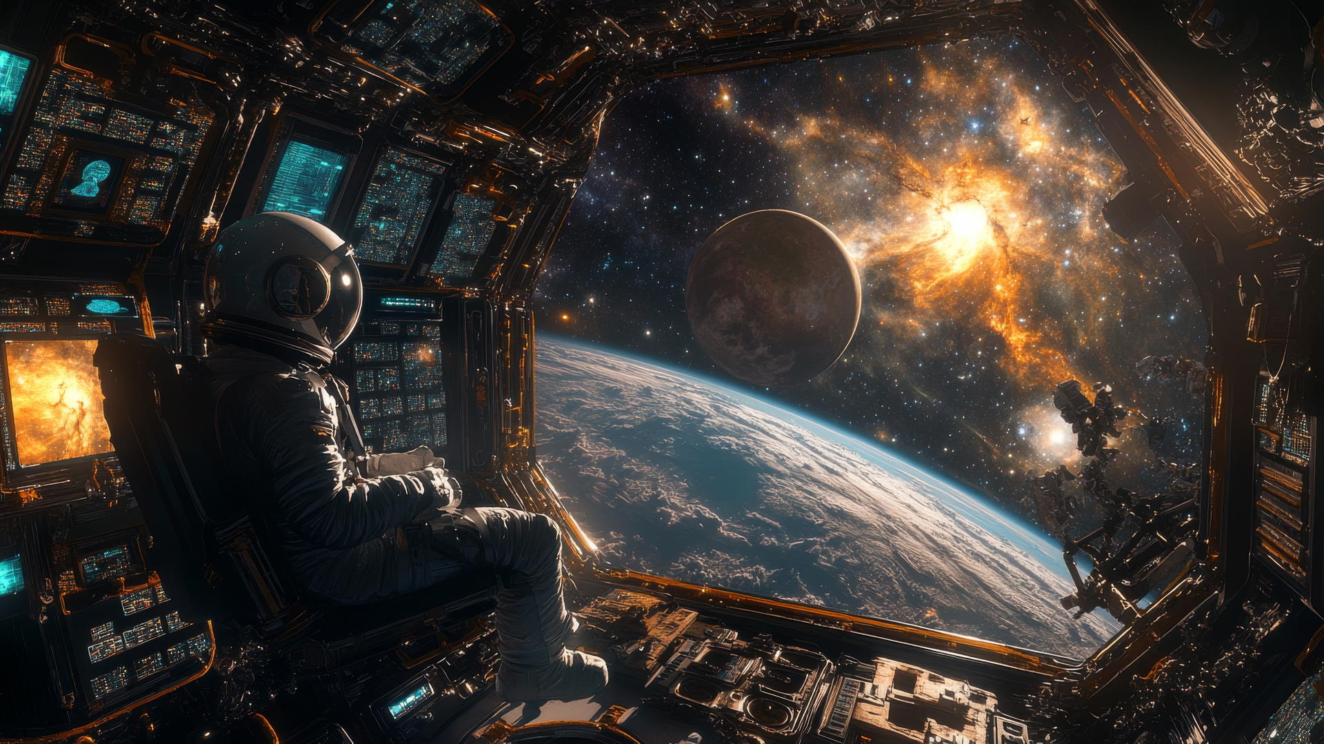 cool wallpapers for boys: a 3D space scene with a young astronaut and galaxies