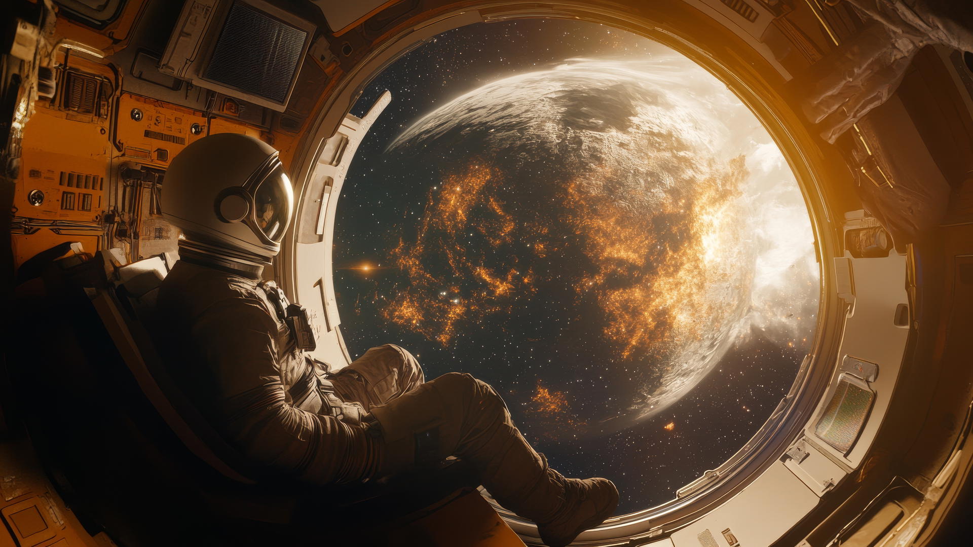 3D-rendered scene of a young astronaut floating in zero gravity with a planet and galaxies visible through a space station window.