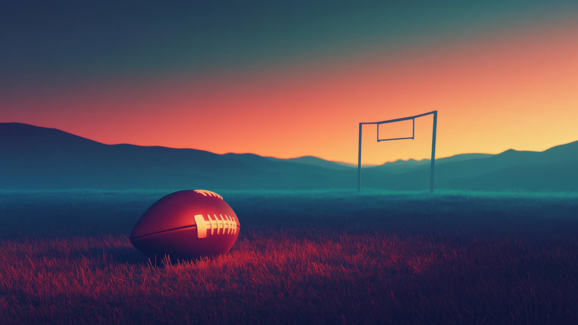 Glowing football on a tee in minimalistic field with gradient sky