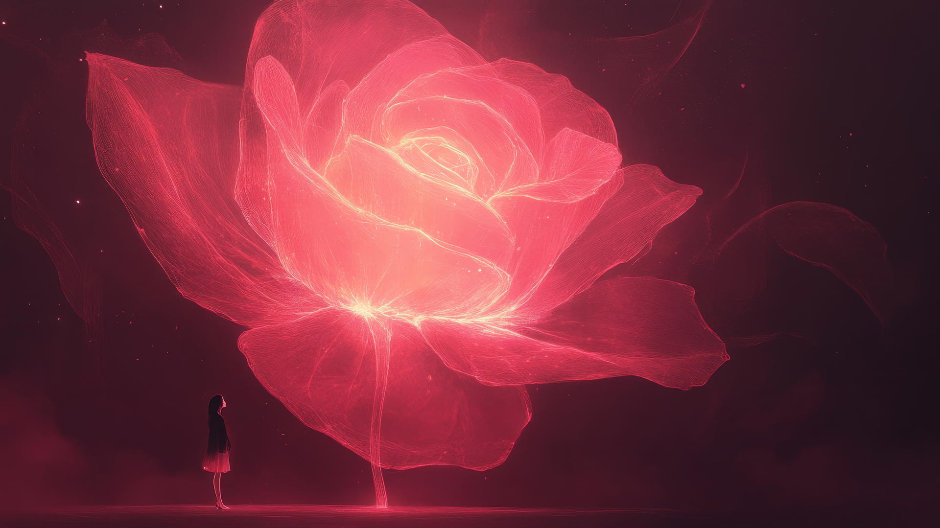 Girl standing before giant glowing rose with soft pink tones