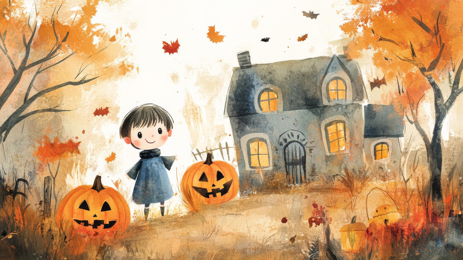 Halloween kids illustration in watercolor, cartoon style