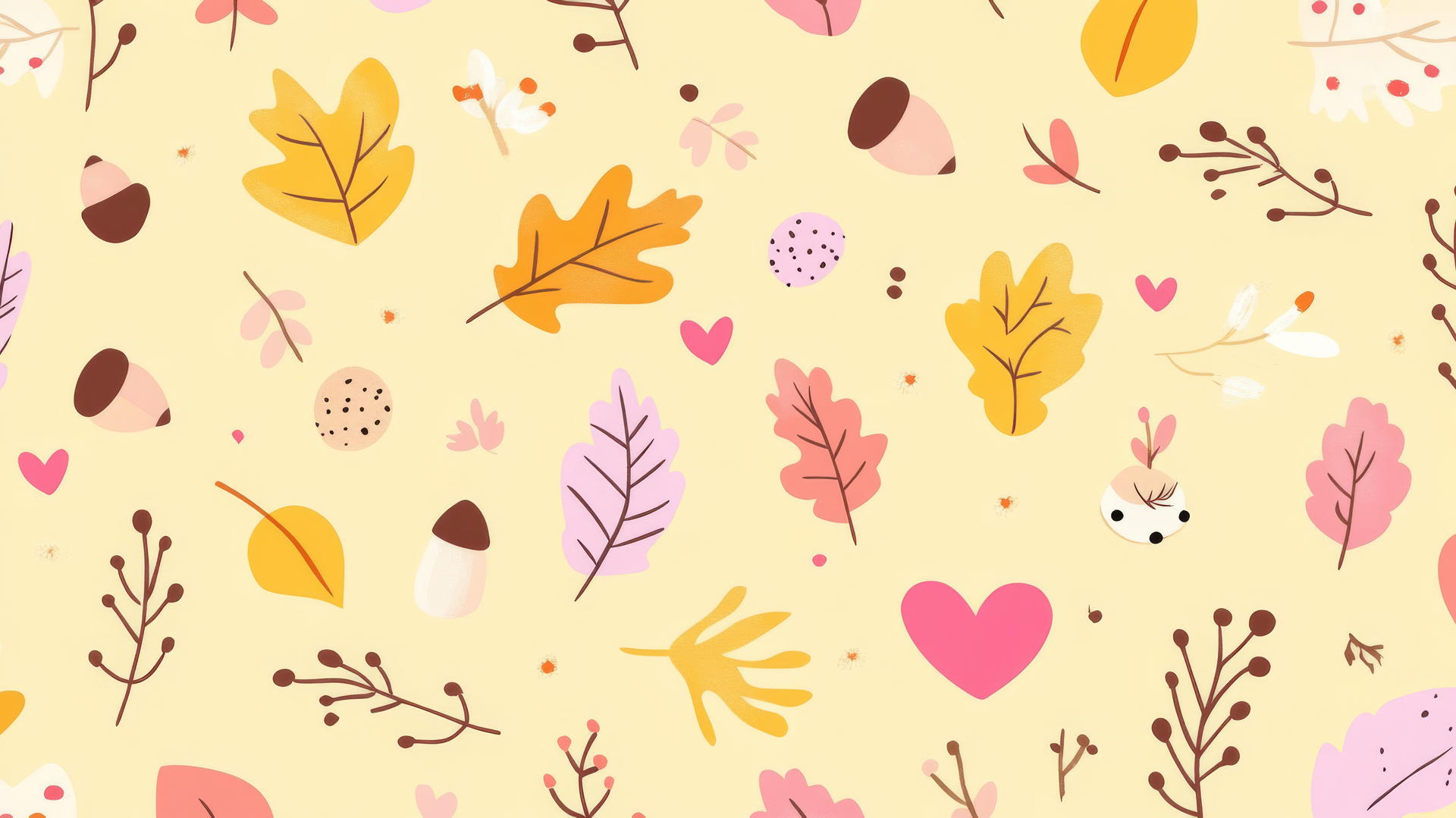 Hand-drawn fall wreaths with leaves, berries, twigs, hearts, and acorns on pastel yellow