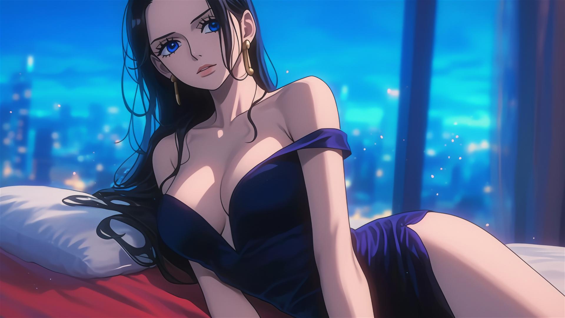 Nico Robin from One Piece resting in a modern hotel room with moonlight glow