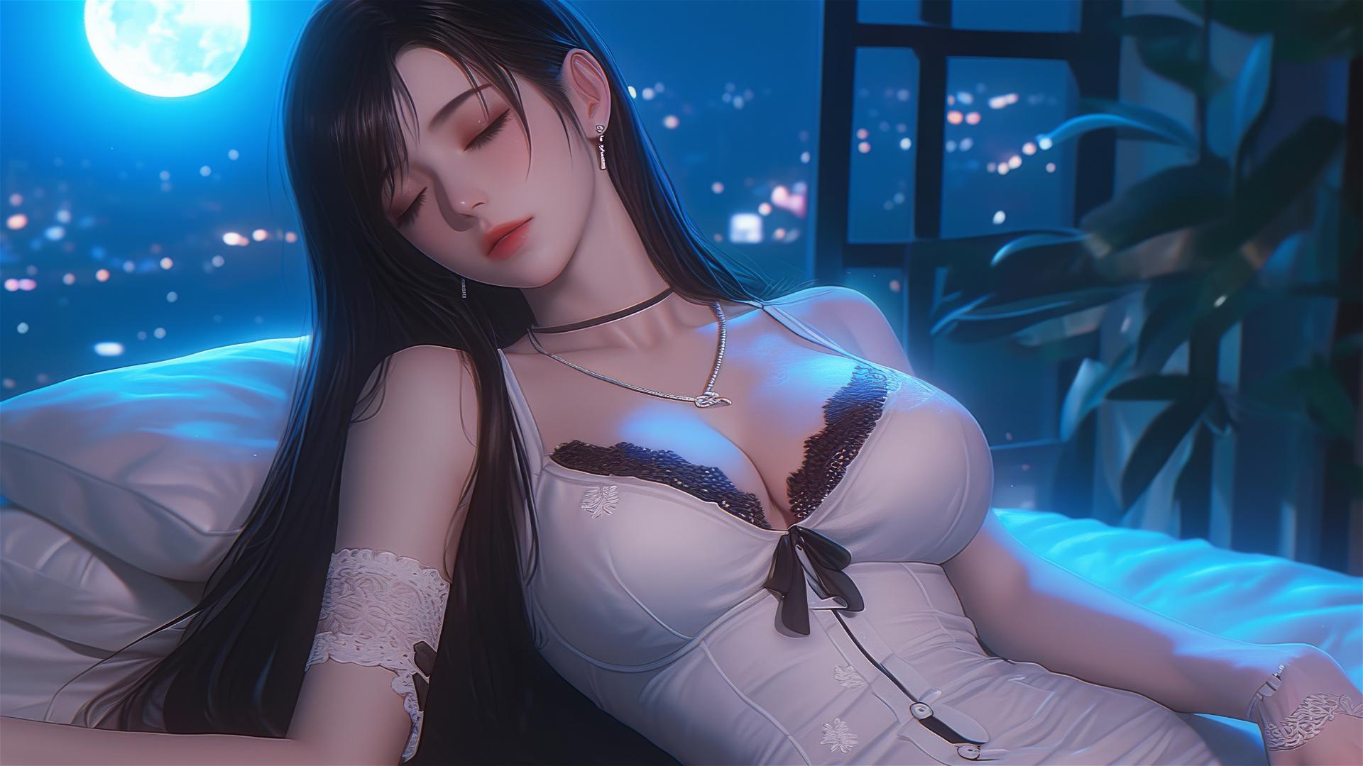 Tifa Lockhart in white pajamas resting in her room with moonlight glow