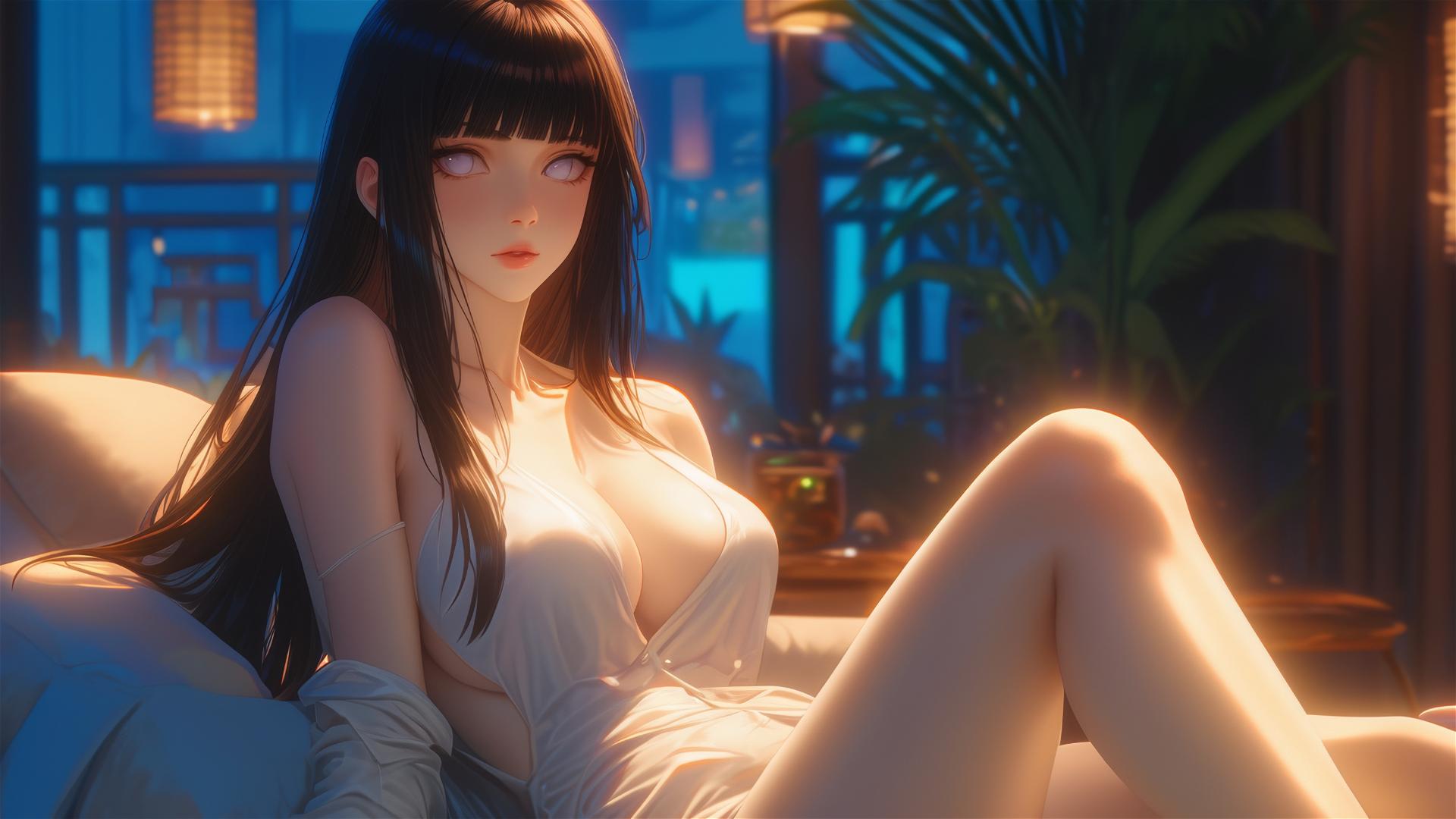 Hinata Hyuga from Naruto sitting in a modern hotel with warm lighting.