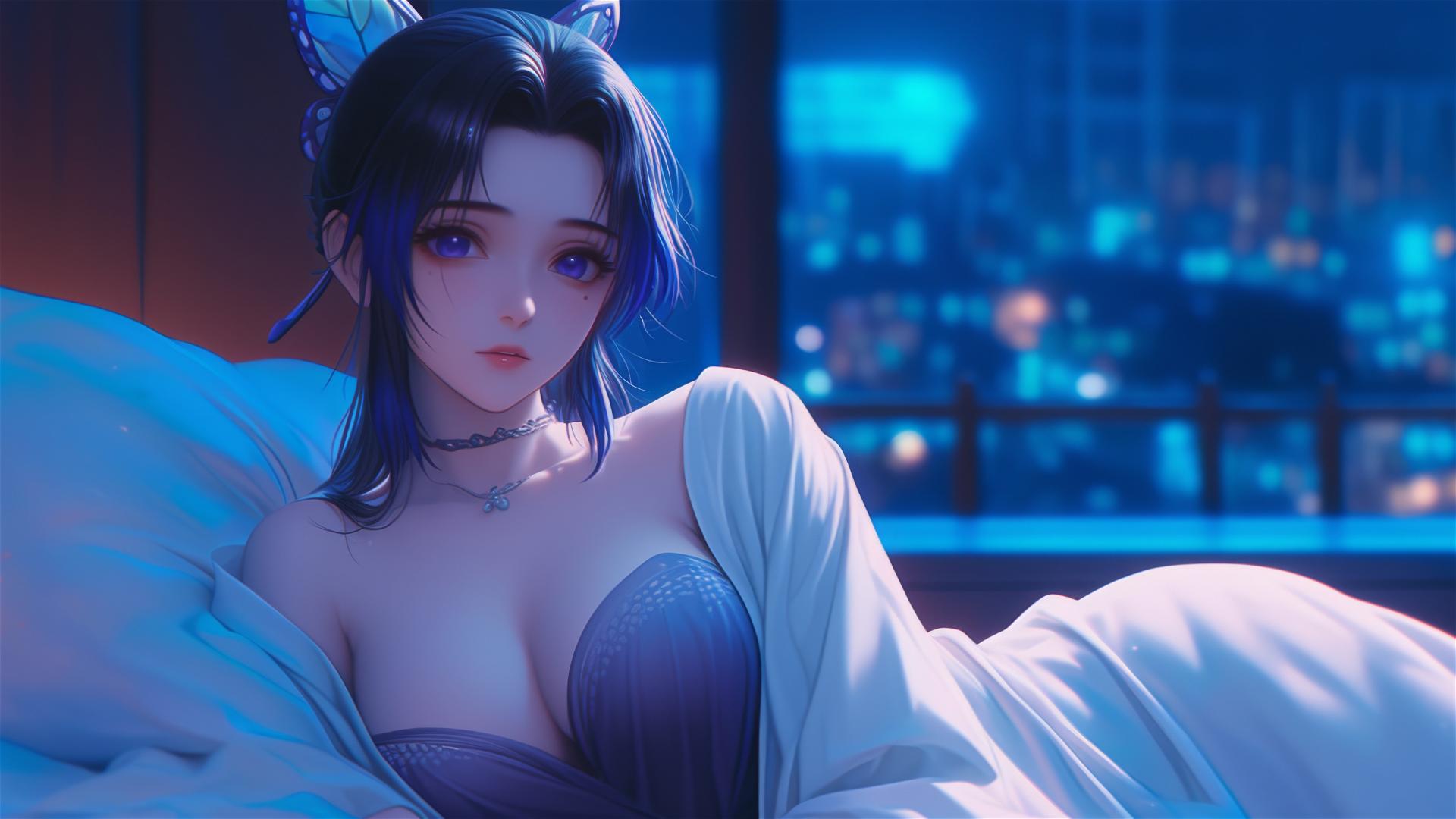 Shinobu Kocho resting in a modern hotel room with moonlight glow