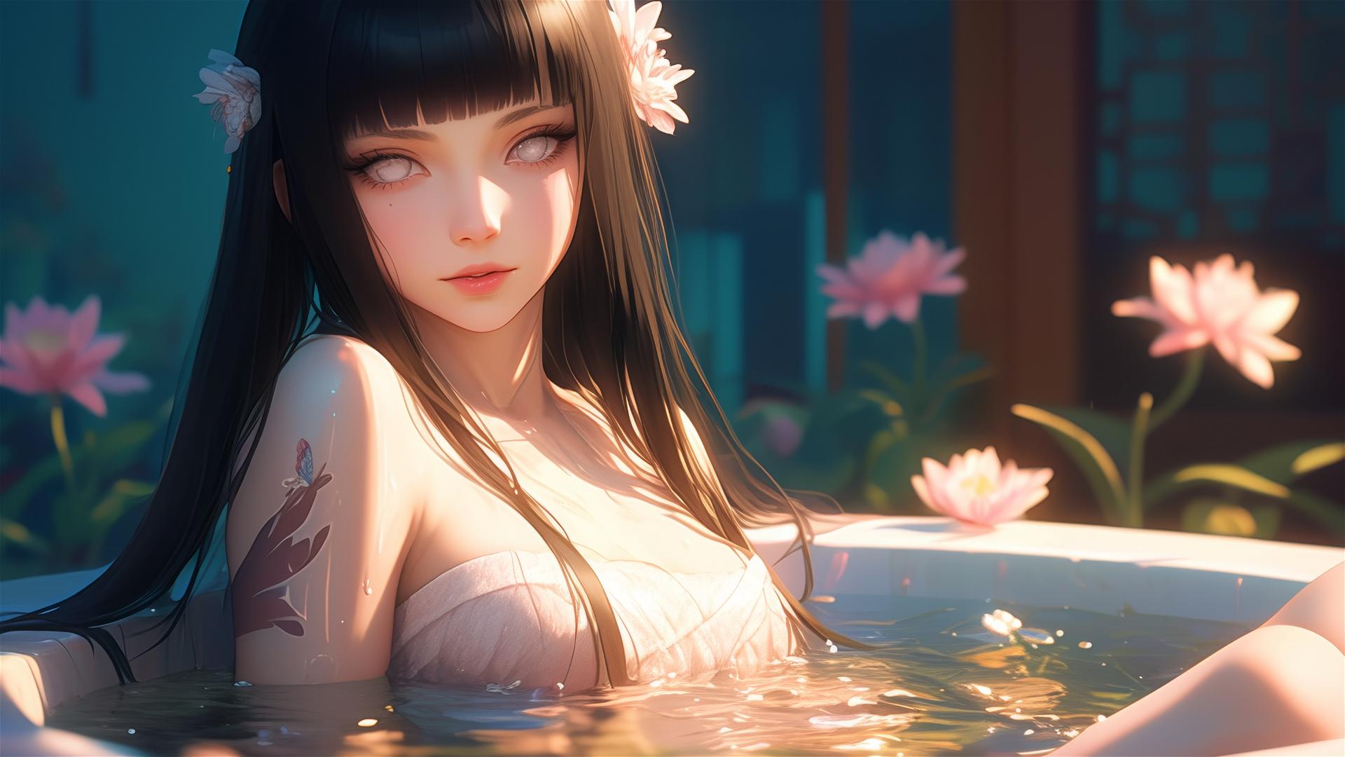 Hinata Hyuga in a tub of flowers in a Chinese spa with white eyes