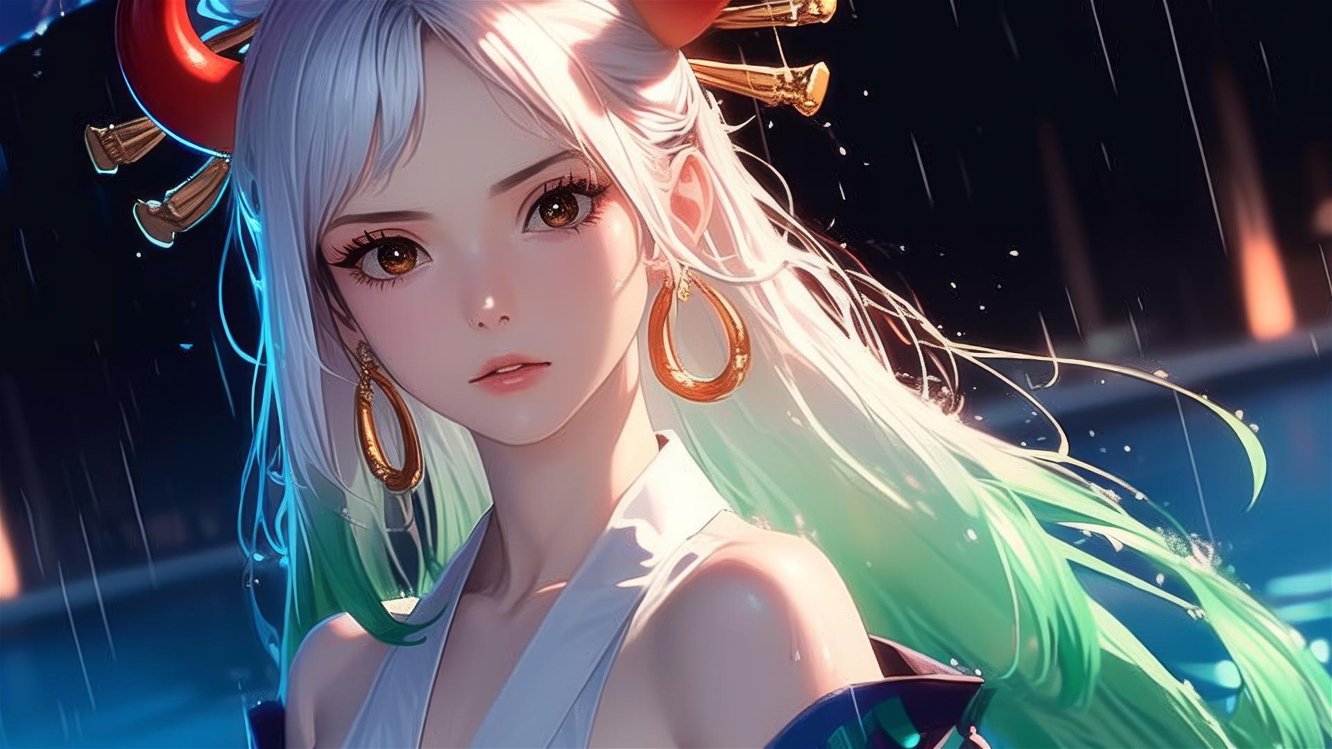 Yamato from One Piece standing in a rainy pool under moonlight in a white dress