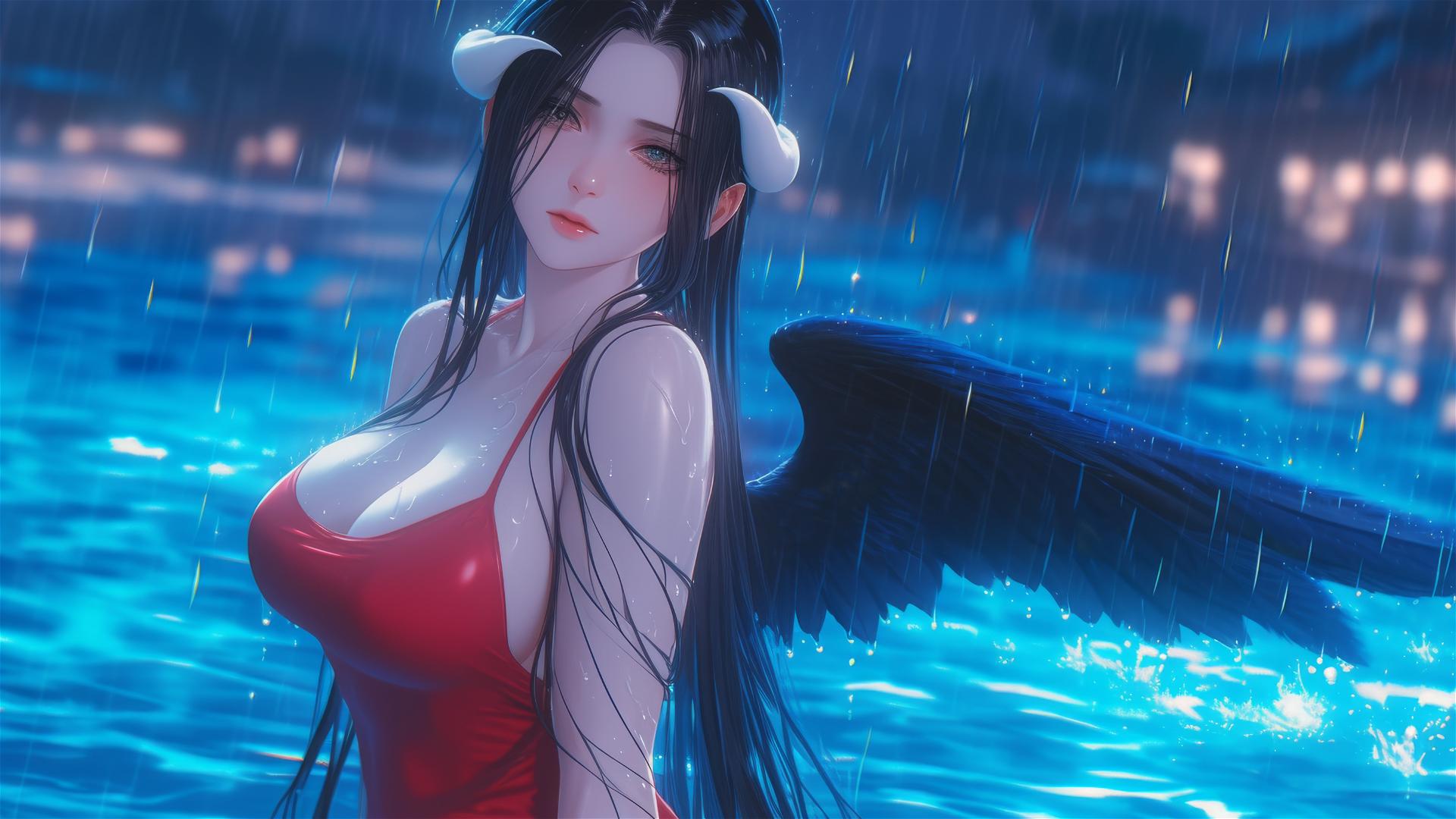 Albedo from Overlord standing in the rain by a pool with the moonlight shining on her red dress