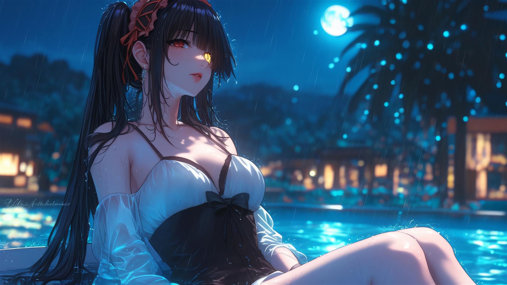 Kurumi Tokisaki resting in a tub with moonlight, red and yellow eyes