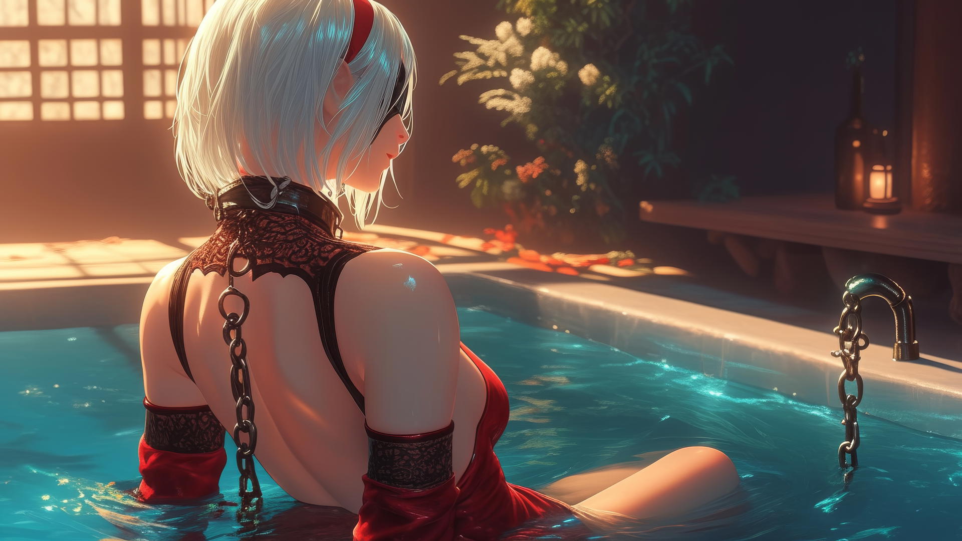 2B from Nier with neck locked by thick iron chains in a modern hotel room.