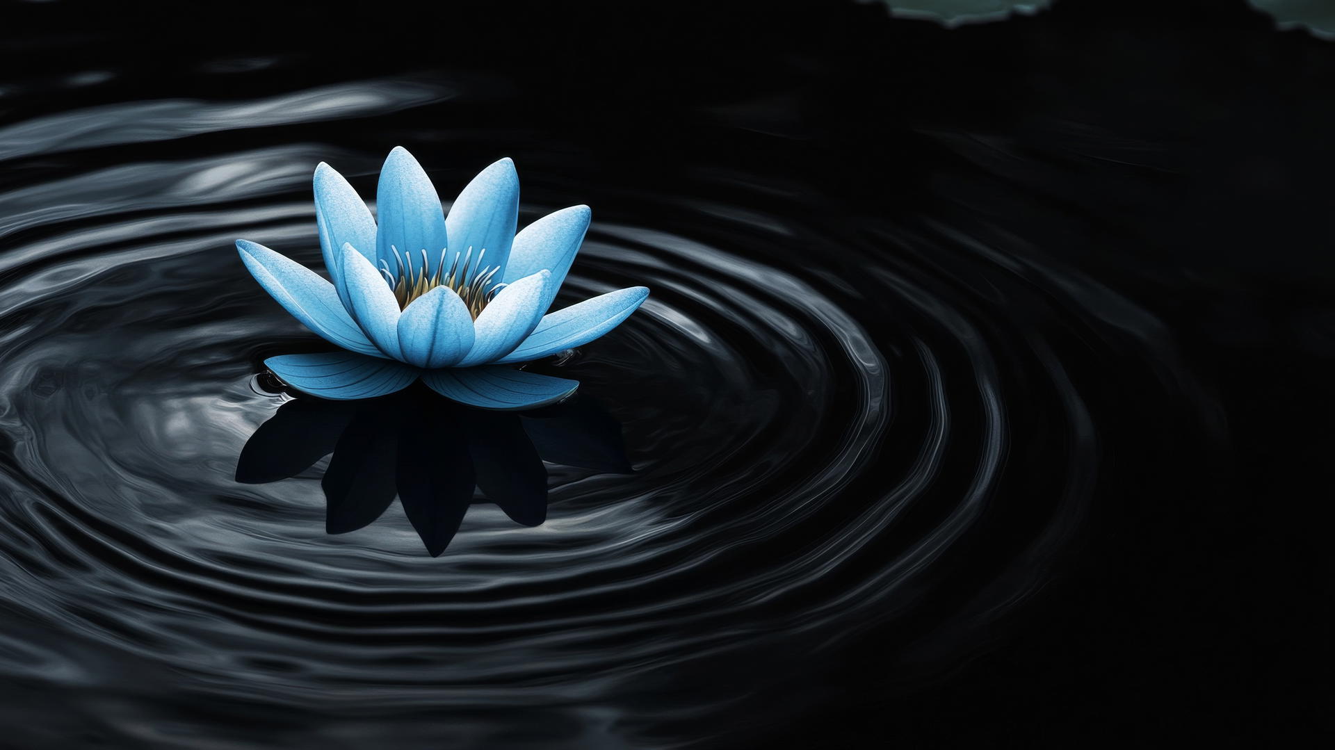 Black and blue wallpaper with blue lotus on calm black water